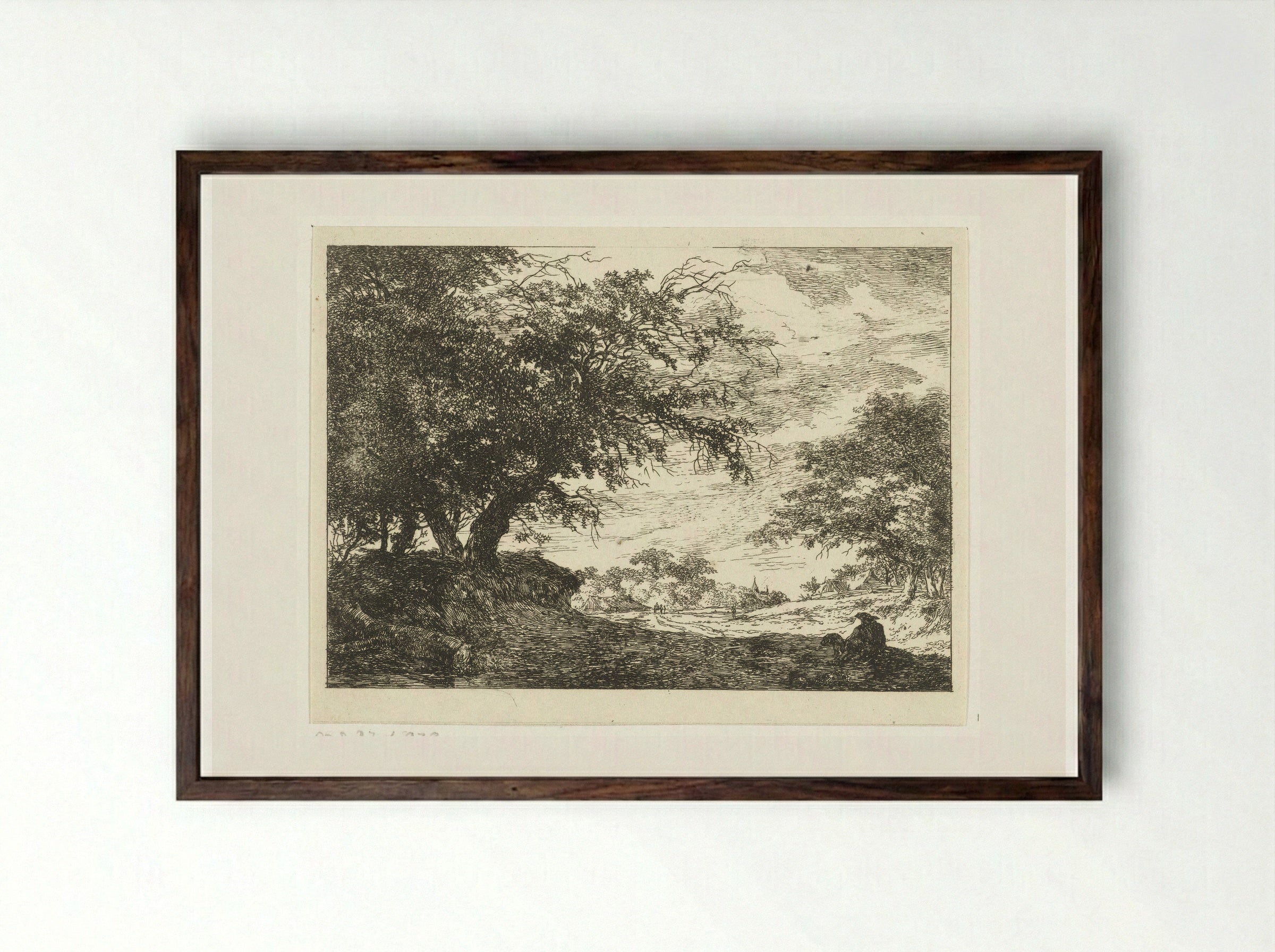 Weg naar dorp met rustende man - Hermanus van Brussel - Framed Print Dark Wood