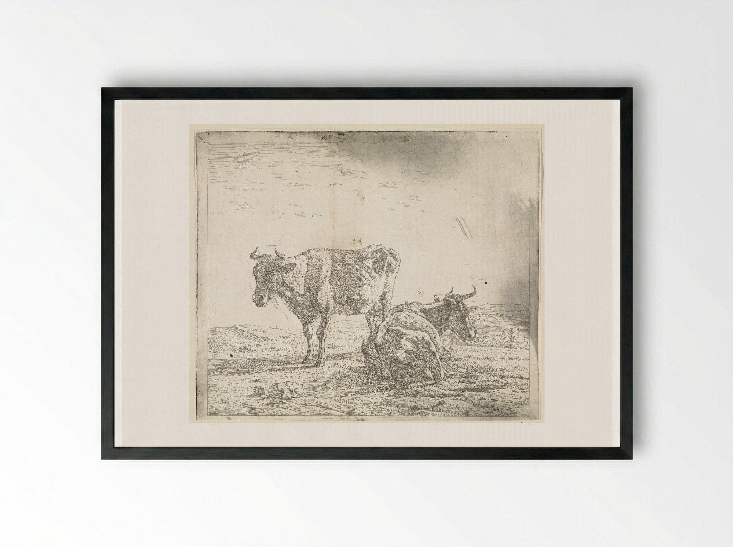 Weiland met een staande en liggende koe - Wouter Johannes van Troostwijk - Framed Print Black