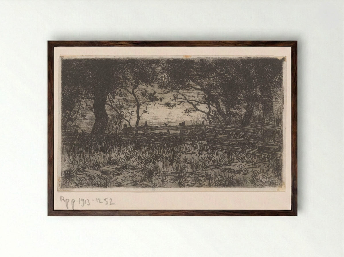 Weiland met hek en bomen - Philip Zilcken - Framed Print Dark Wood