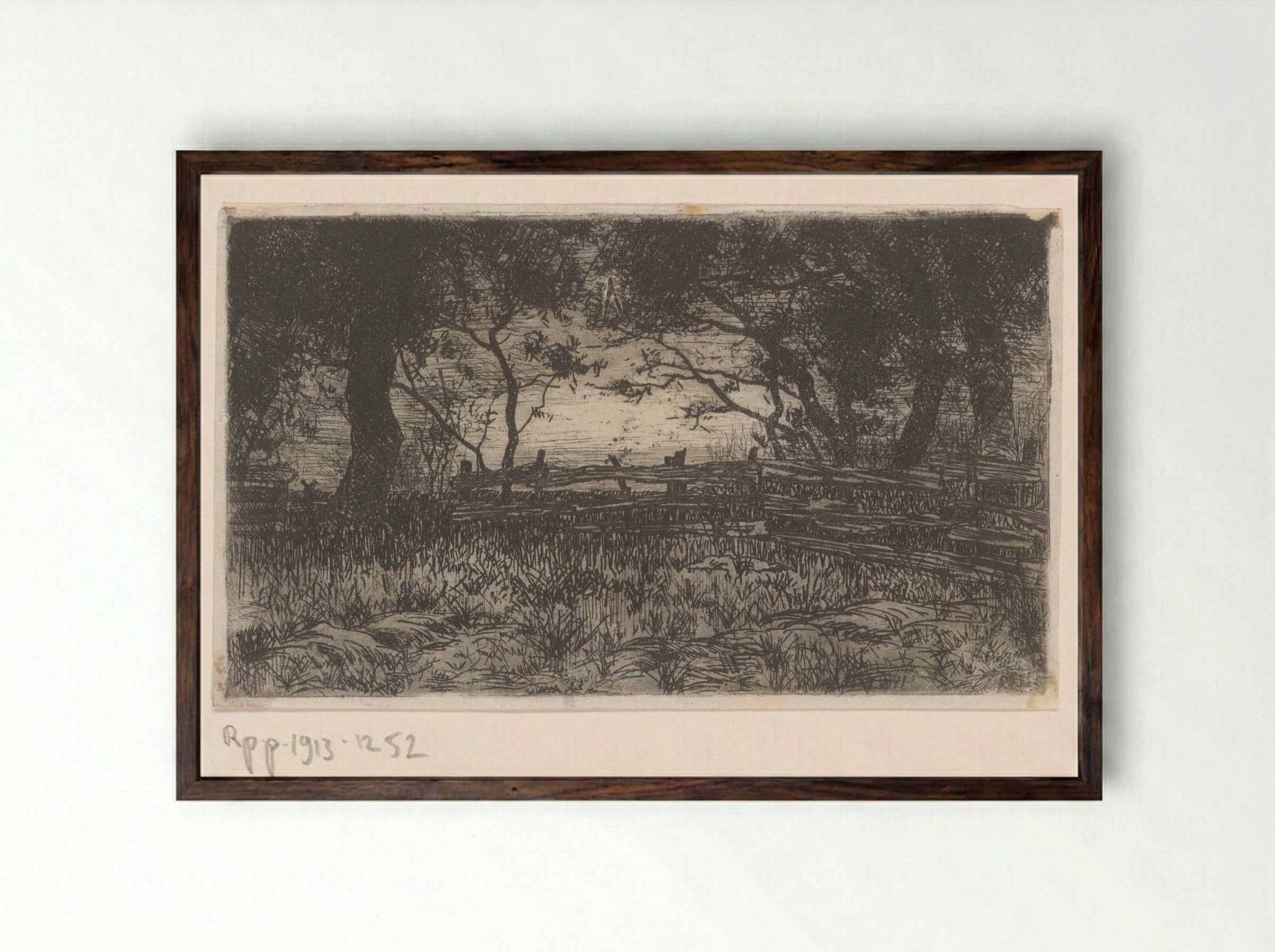 Weiland met hek en bomen - Philip Zilcken - Framed Print Dark Wood