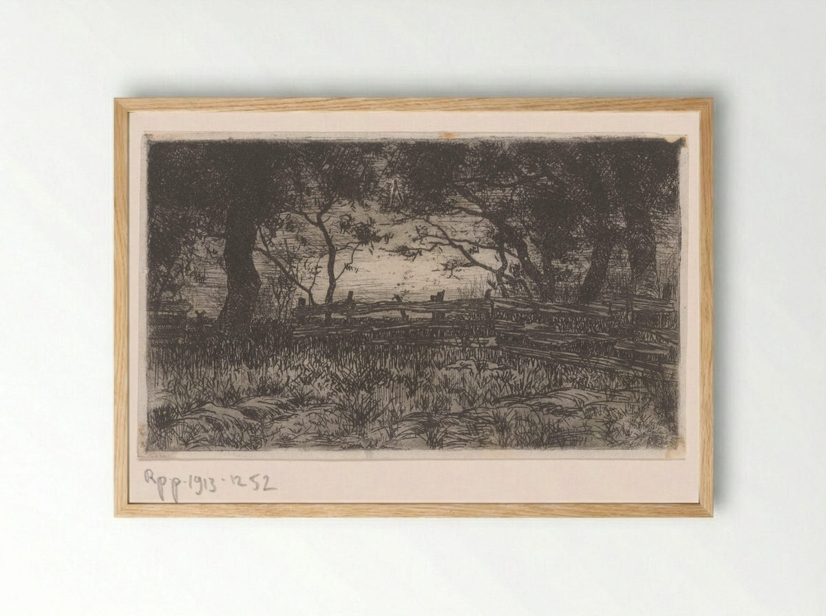 Weiland met hek en bomen - Philip Zilcken - Framed Print Wood