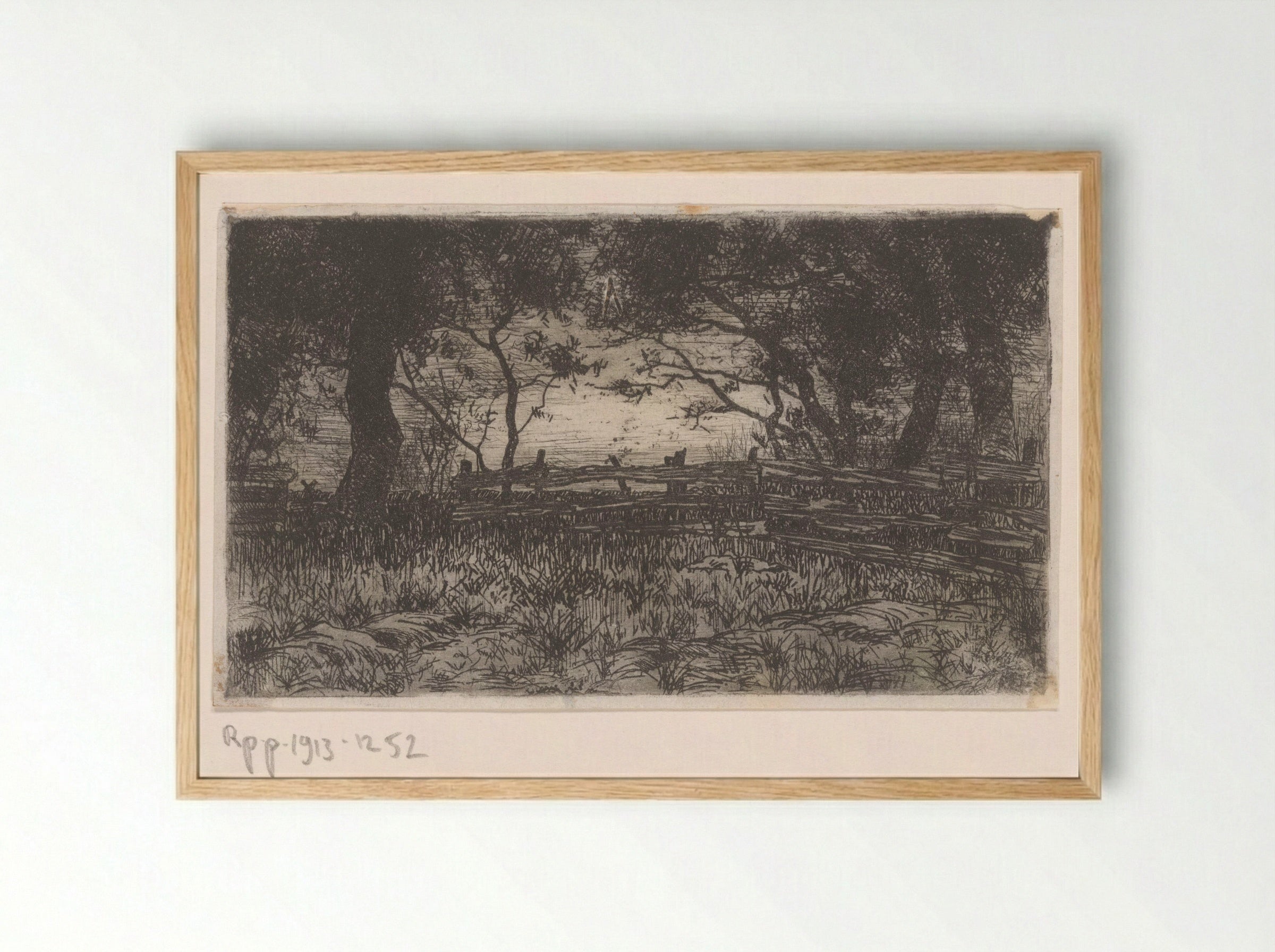 Weiland met hek en bomen - Philip Zilcken - Framed Print Wood