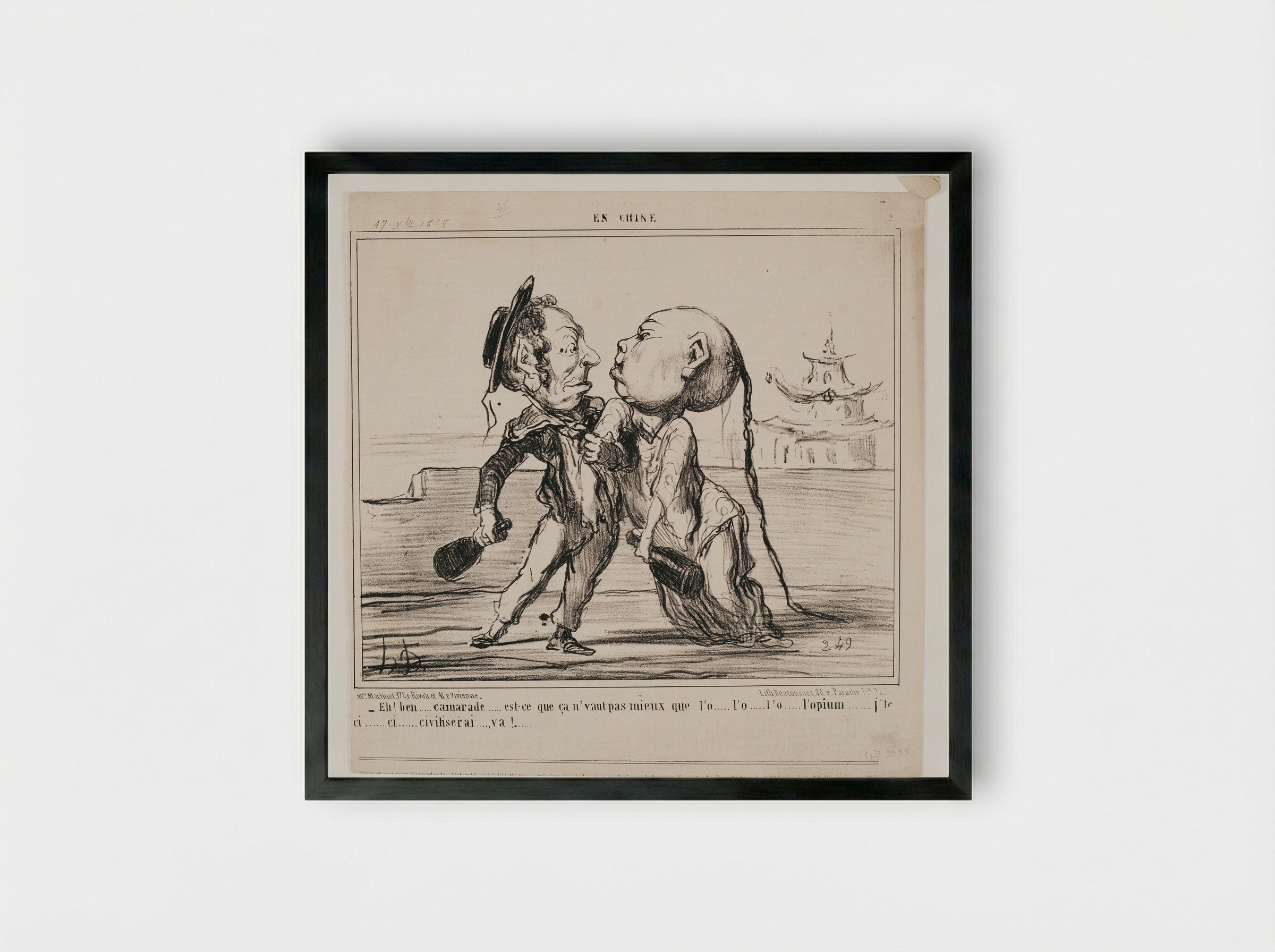 Well, mate, wouldn't you say this is better than o-o-opium? Just you wait, I'll ci-i-i-i-ivilize you! - Honoré-Victorin Daumier - Framed Print Black