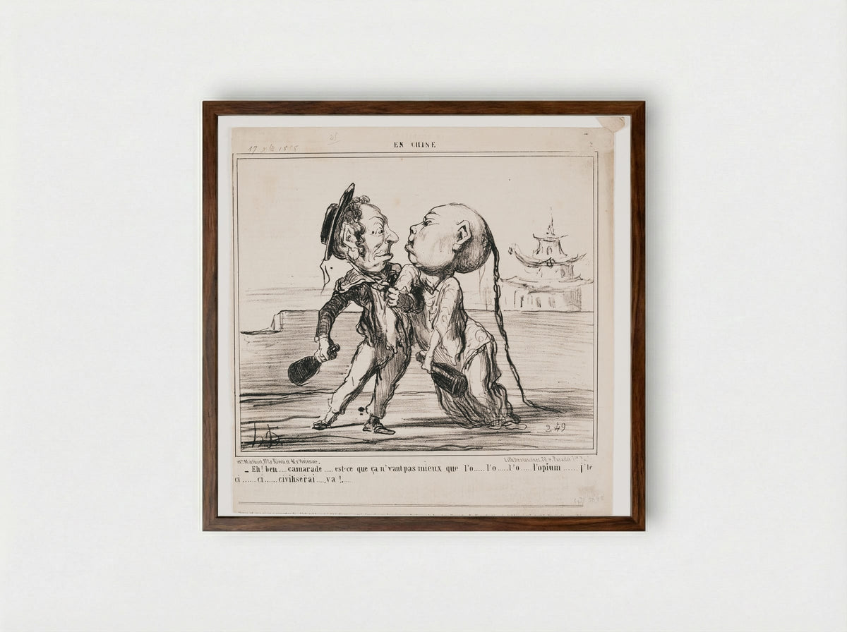 Well, mate, wouldn't you say this is better than o-o-opium? Just you wait, I'll ci-i-i-i-ivilize you! - Honoré-Victorin Daumier - Framed Print Dark Wood