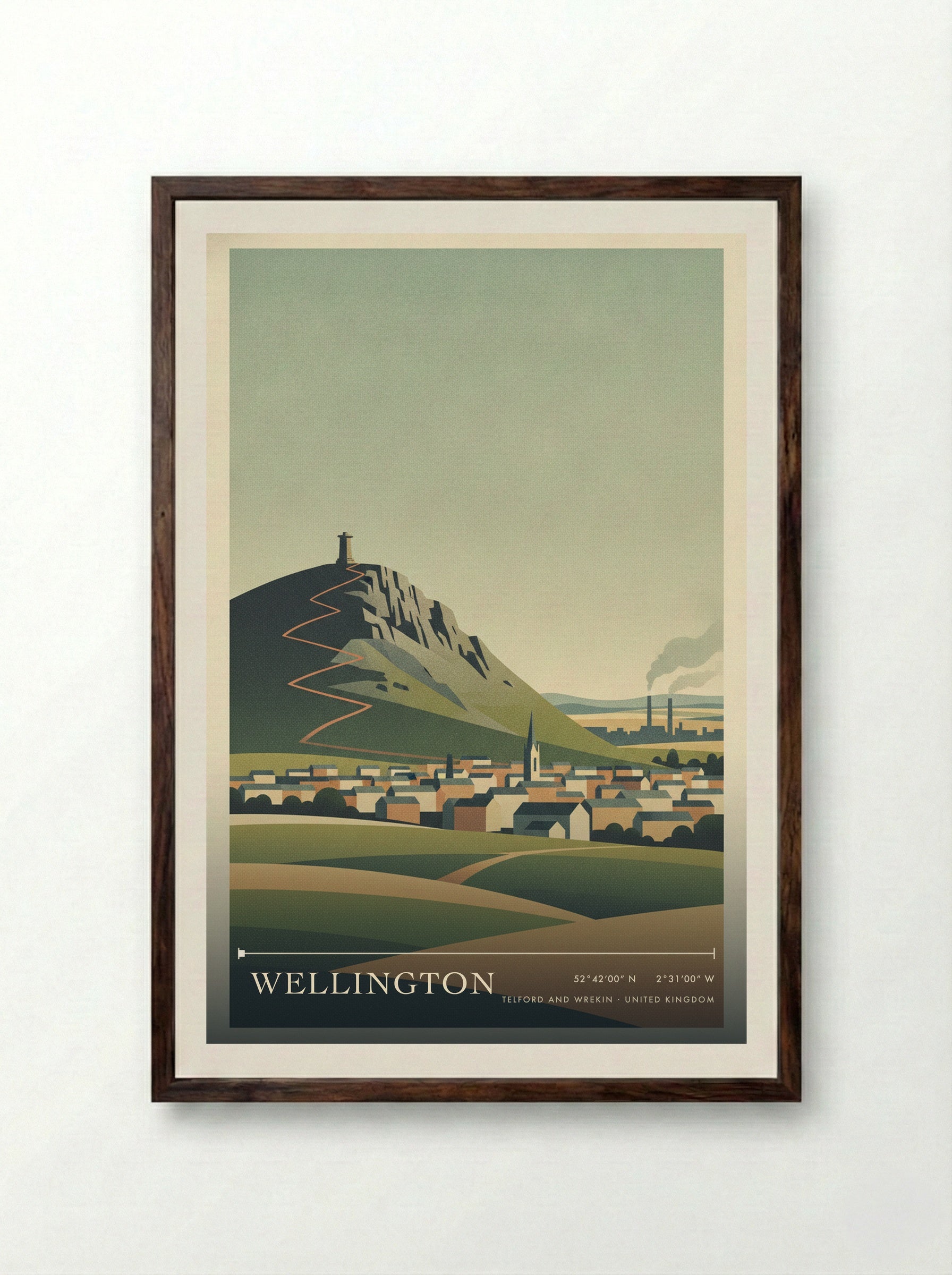 Wellington Telford and Wrekin United Kingdom Travel Poster - Framed Print Dark Wood