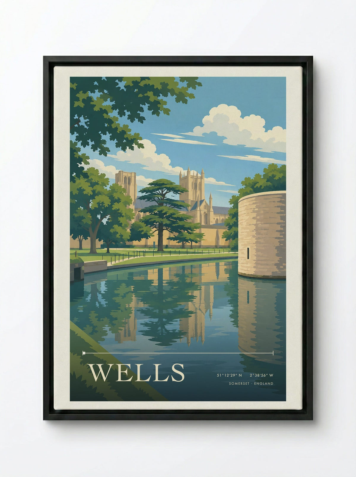 Wells, Somerset | Travel Poster - Framed Canvas Black