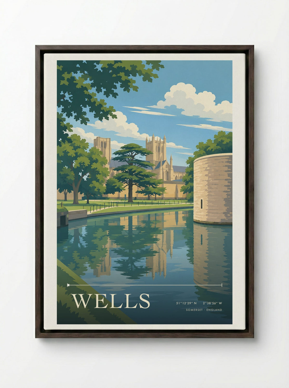 Wells, Somerset | Travel Poster - Framed Canvas Dark Wood