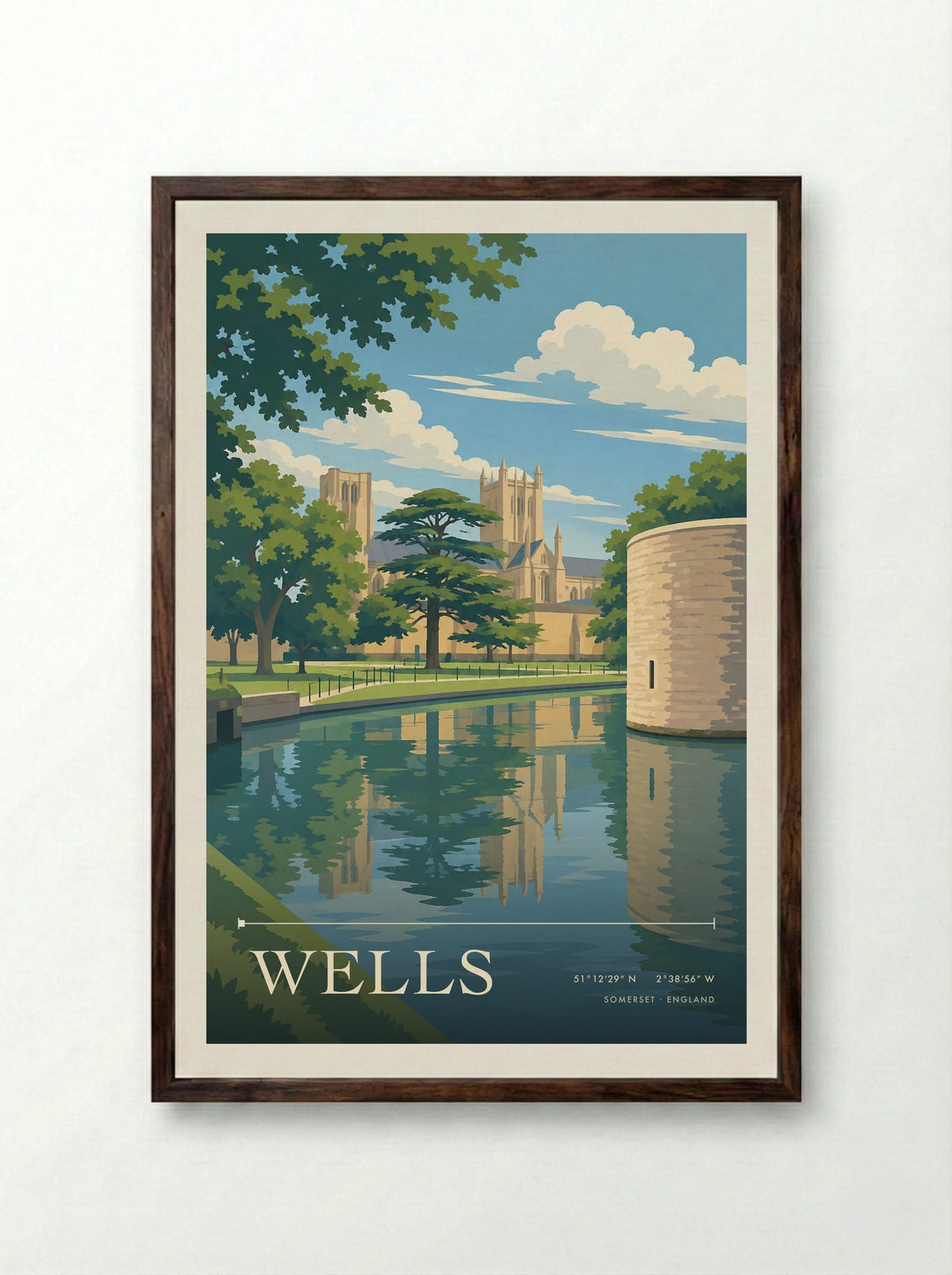 Wells, Somerset | Travel Poster - Framed Print Dark Wood