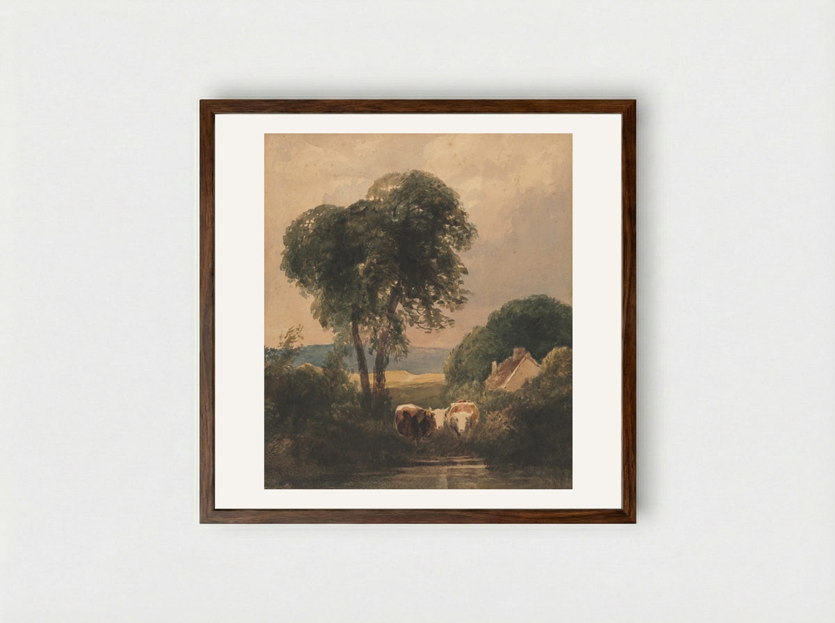 Welsh Landscape with Cattle - Peter De Wint - Framed Print Dark Wood