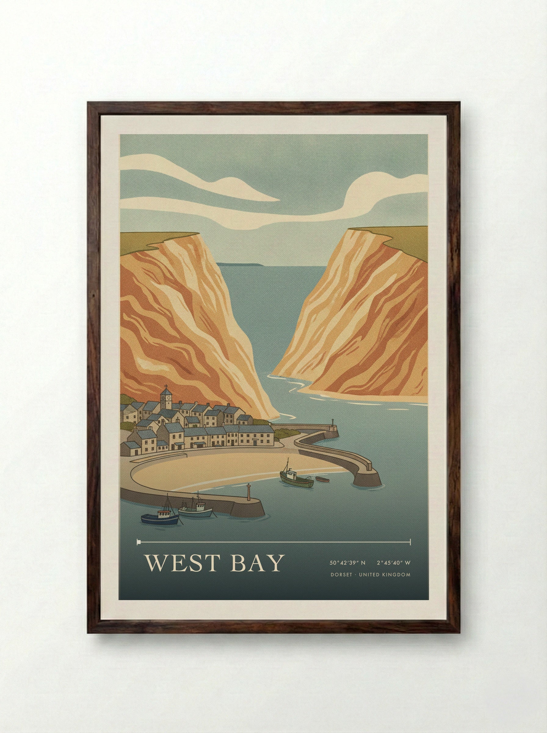 West Bay Dorset United Kingdom Travel Poster - Framed Print Dark Wood
