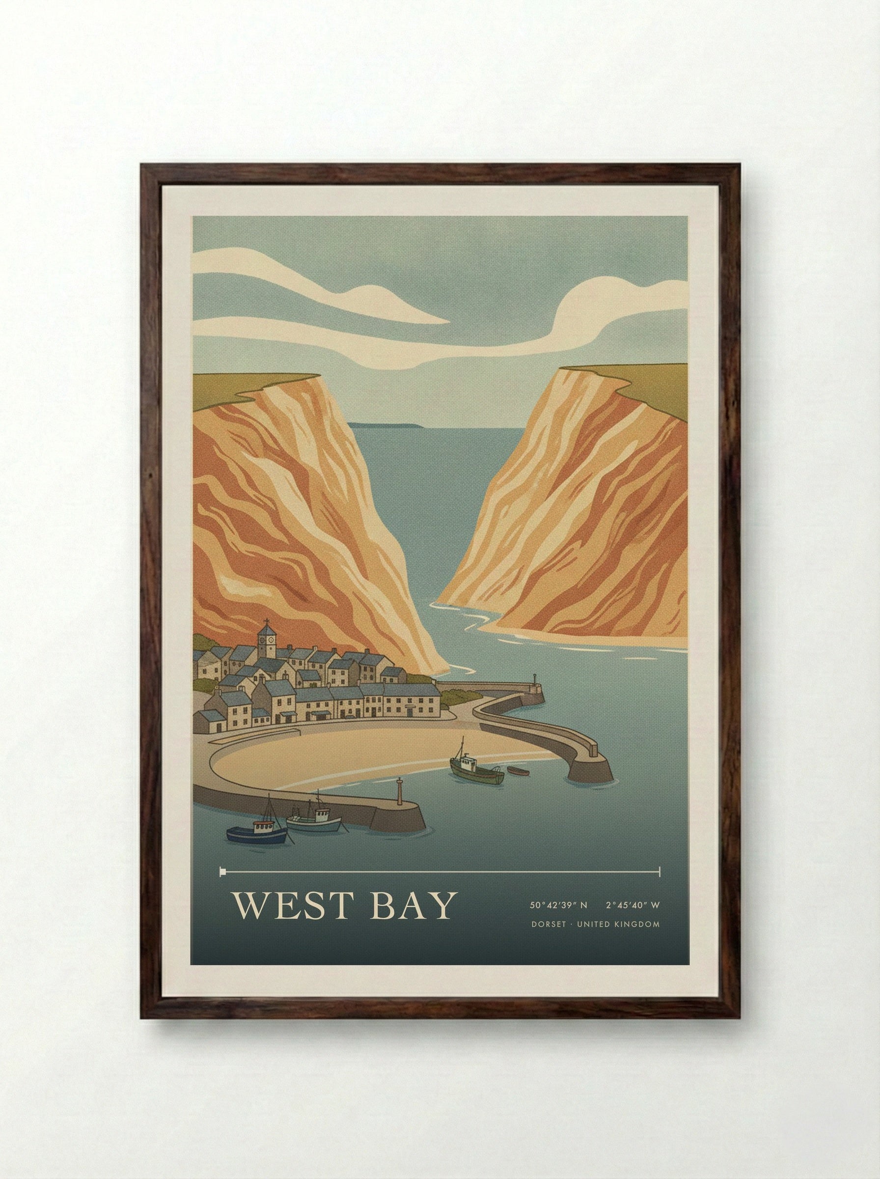West Bay Dorset United Kingdom Travel Poster - Framed Print Dark Wood