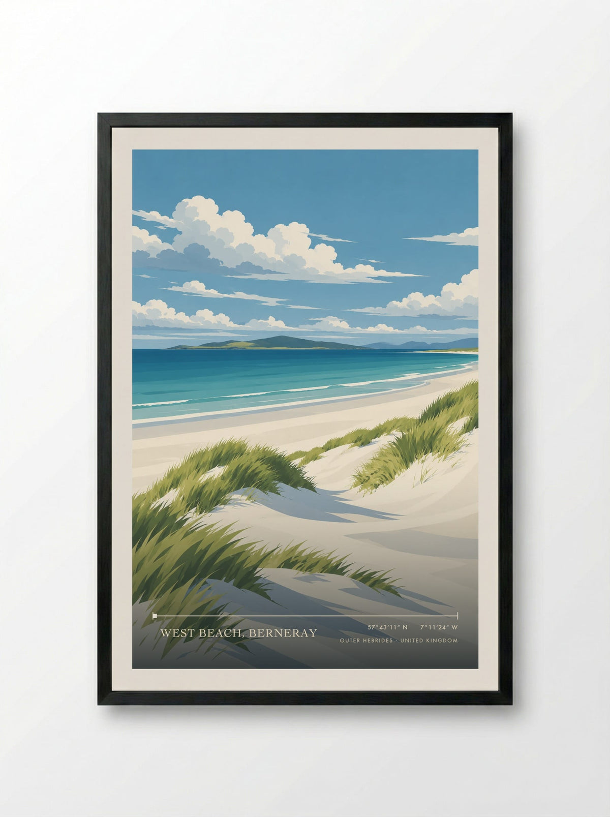 West Beach, Berneray, Outer Hebrides | Travel Poster - Framed Print Black