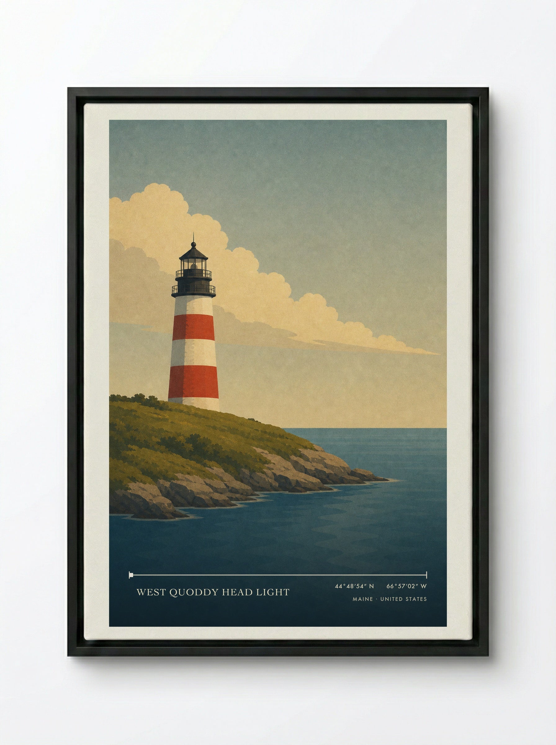 West Quoddy Head Light Travel Poster Artwork - Framed Canvas Black