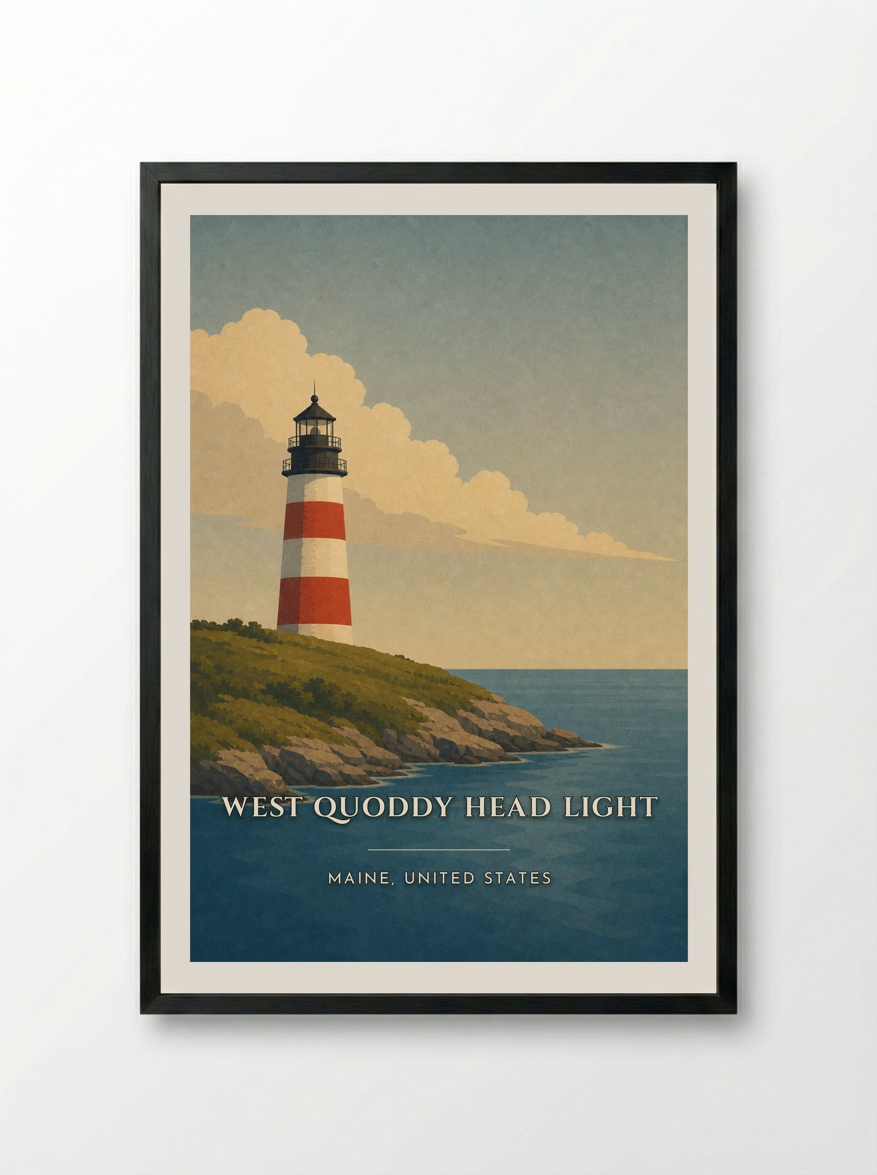 West Quoddy Head Light Travel Poster Artwork - Framed Print Black