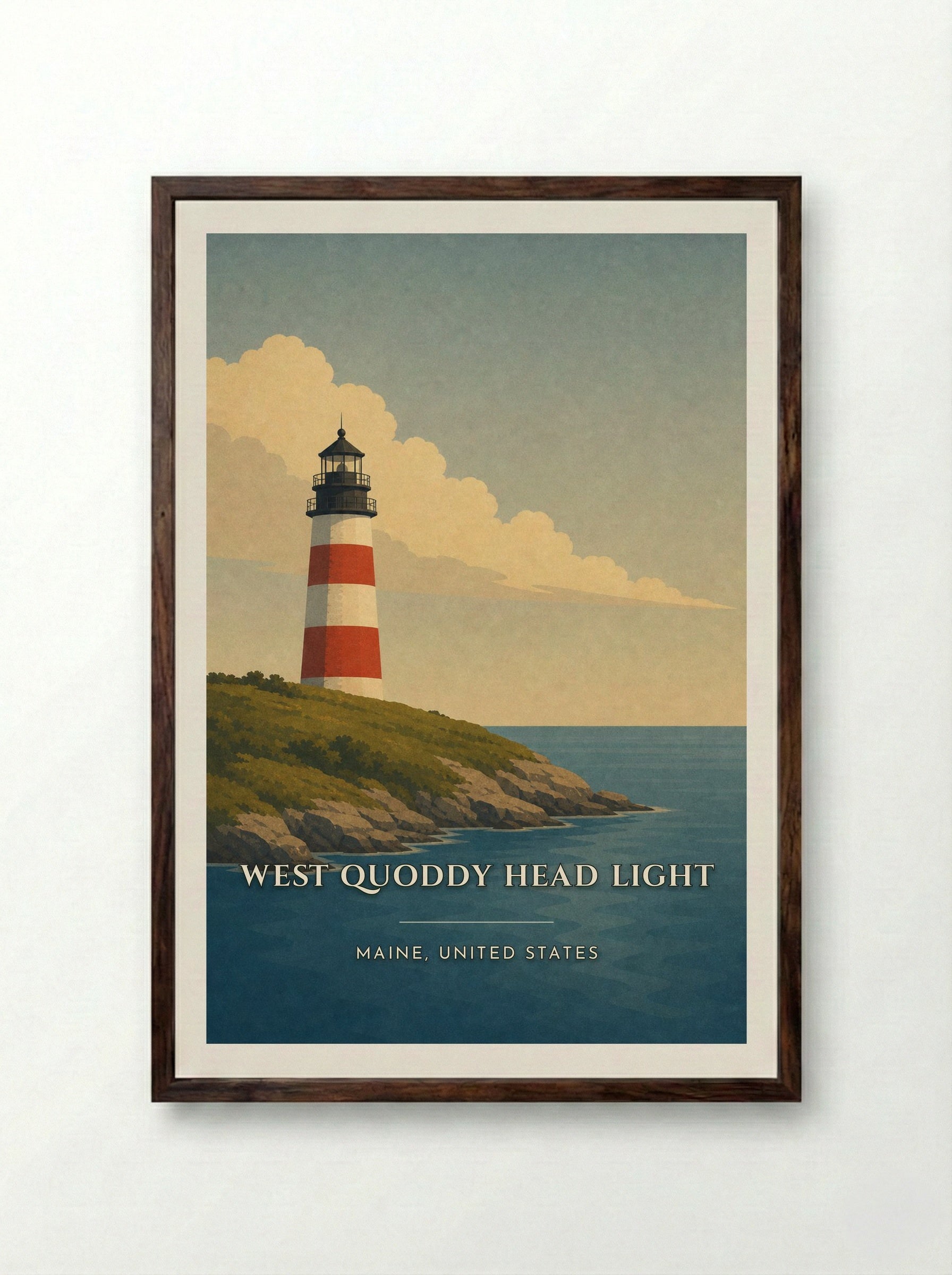 West Quoddy Head Light Travel Poster Artwork - Framed Print Dark Wood