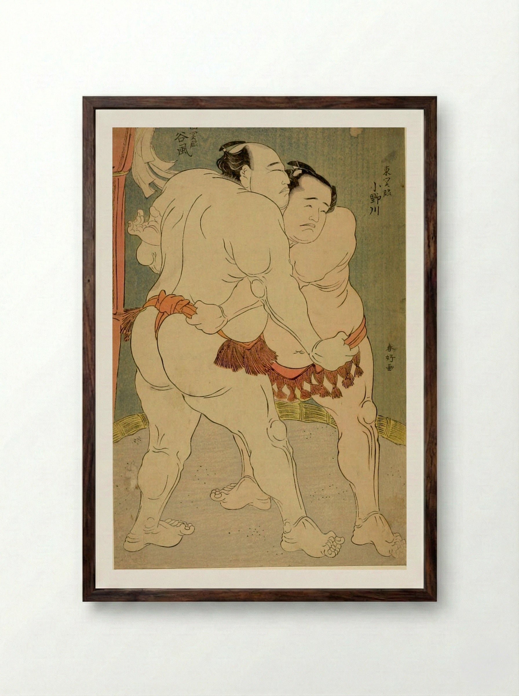 West Side Champion Tamikaze Wrestling East Side Champion Onogawa - Katsukawa Shunkō - Framed Print Dark Wood