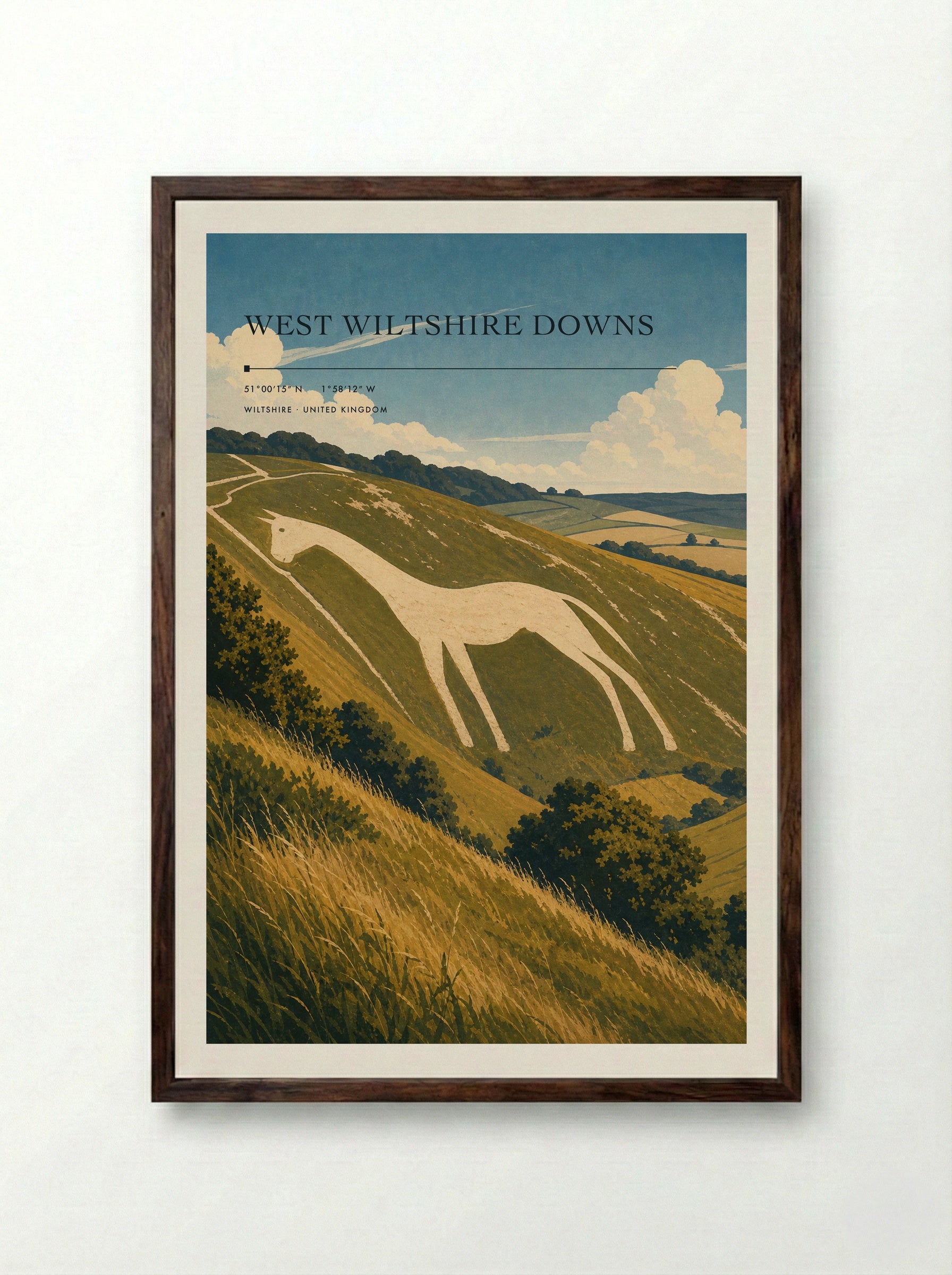 West Wiltshire Downs United Kingdom Travel Poster - Framed Print Dark Wood