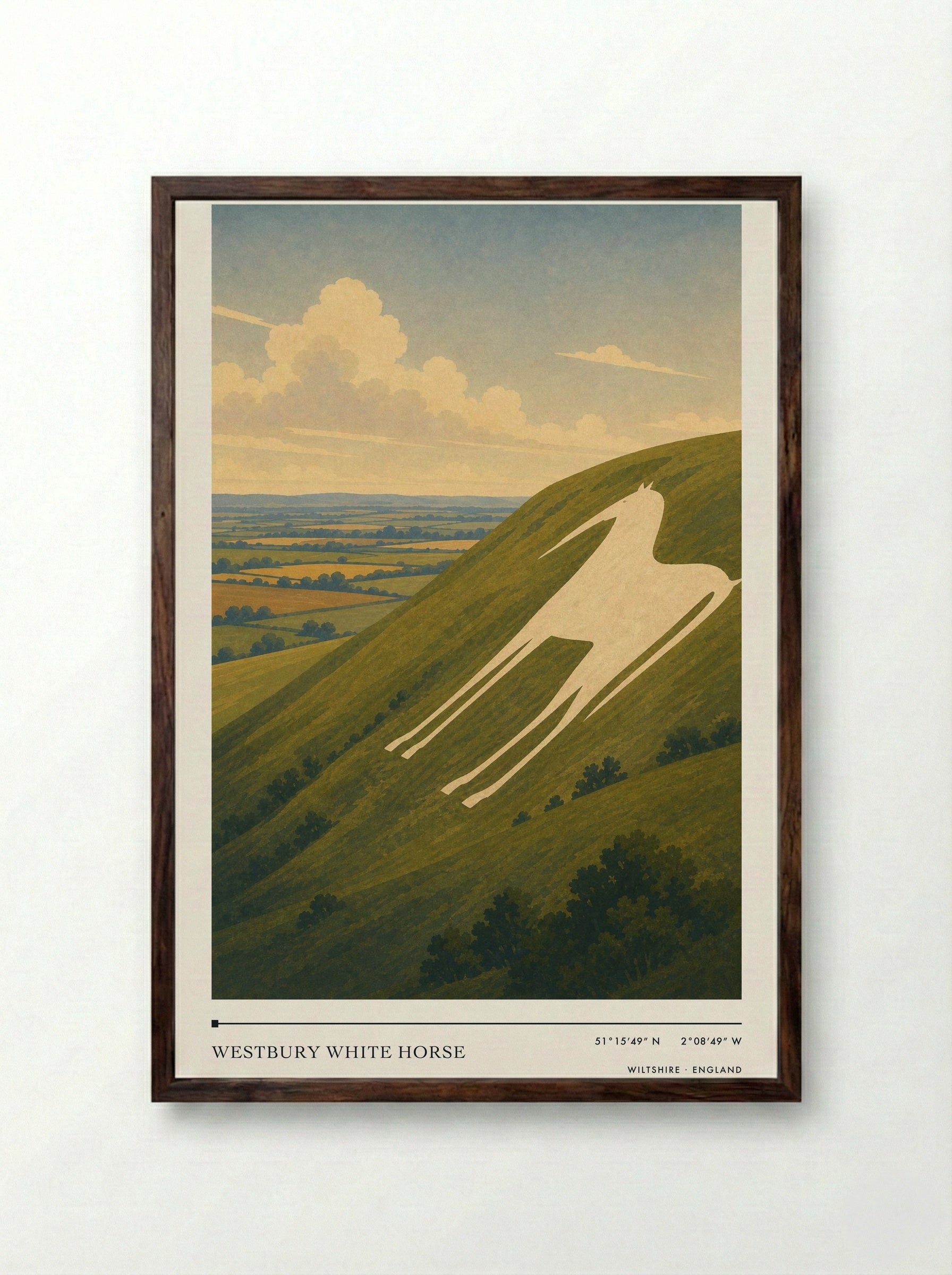 Westbury White Horse Wiltshire England Travel Poster - Framed Print Dark Wood