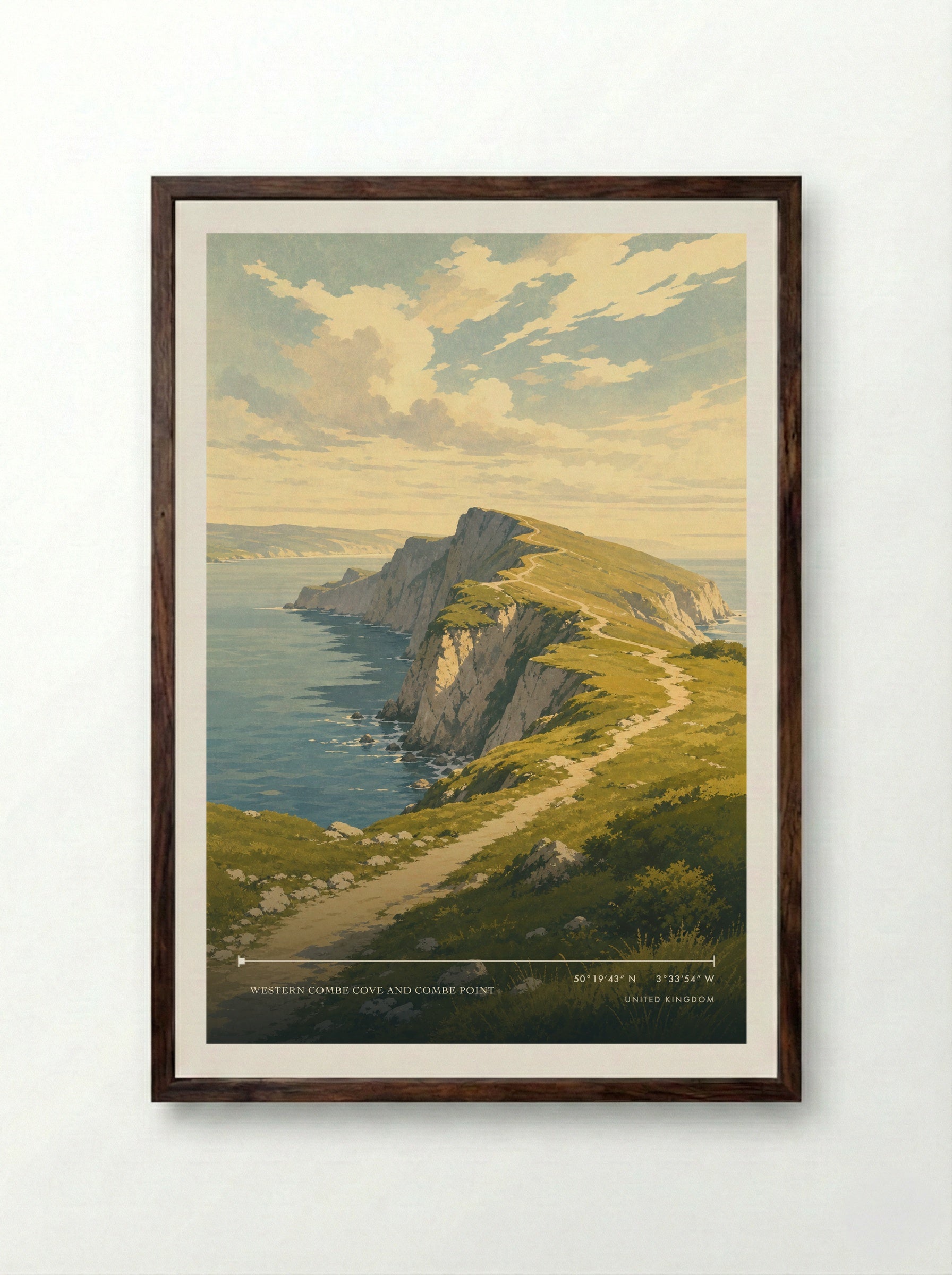 Western Combe Cove and Combe Point United Kingdom Travel Poster - Framed Print Dark Wood