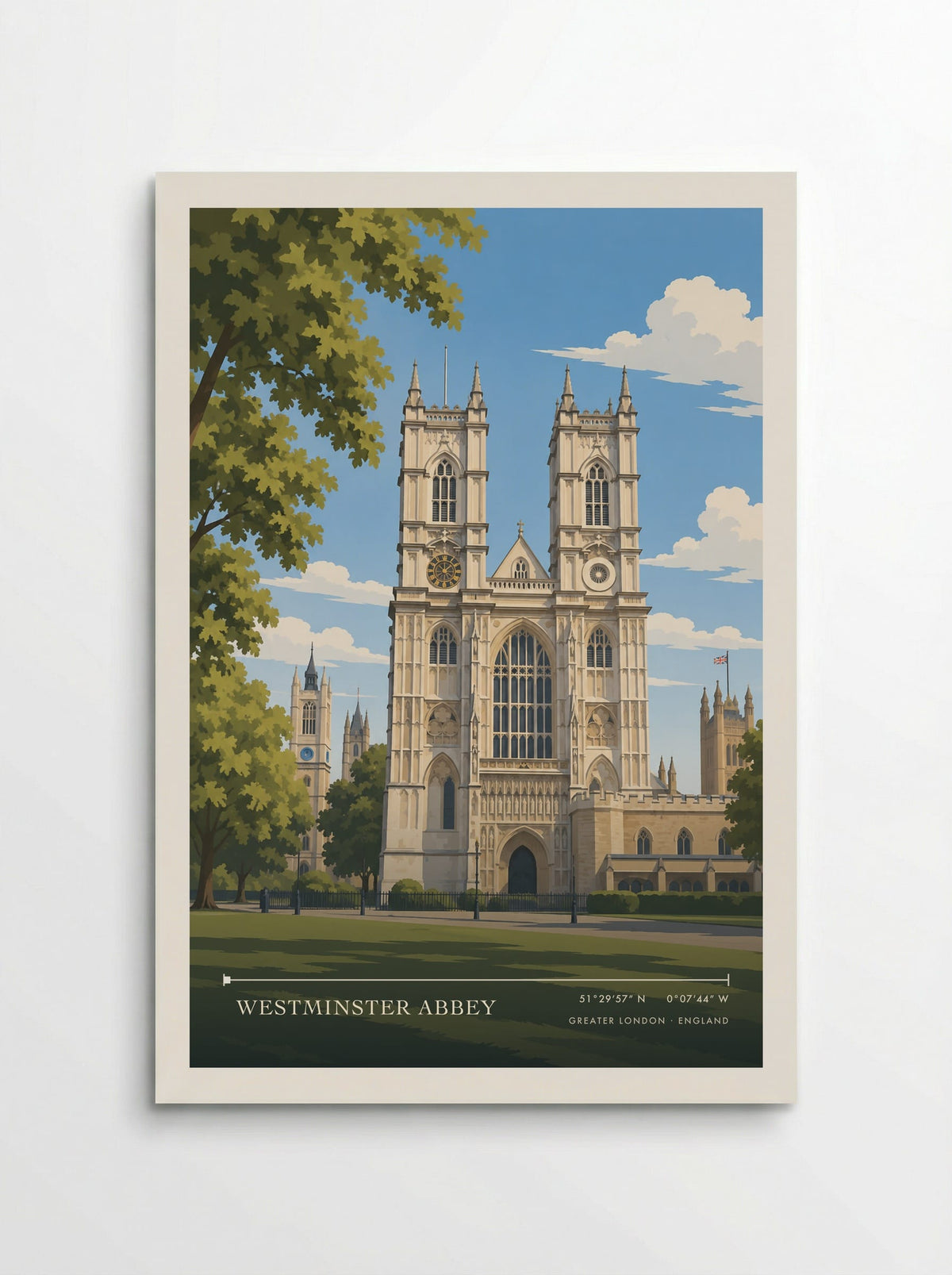 Westminster Abbey, Greater London travel poster: pale twin towers, pointed Gothic windows and a shaded doorway framed by green trees and summer sky