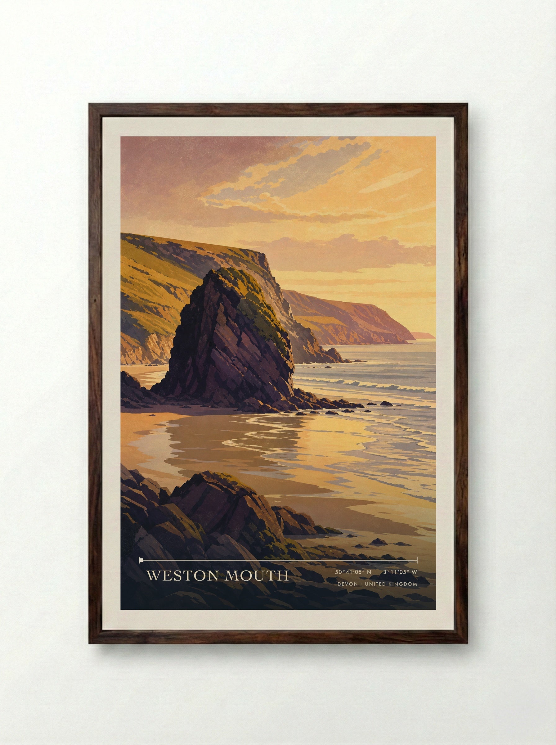 Weston Mouth Devon United Kingdom Travel Poster - Framed Print Dark Wood