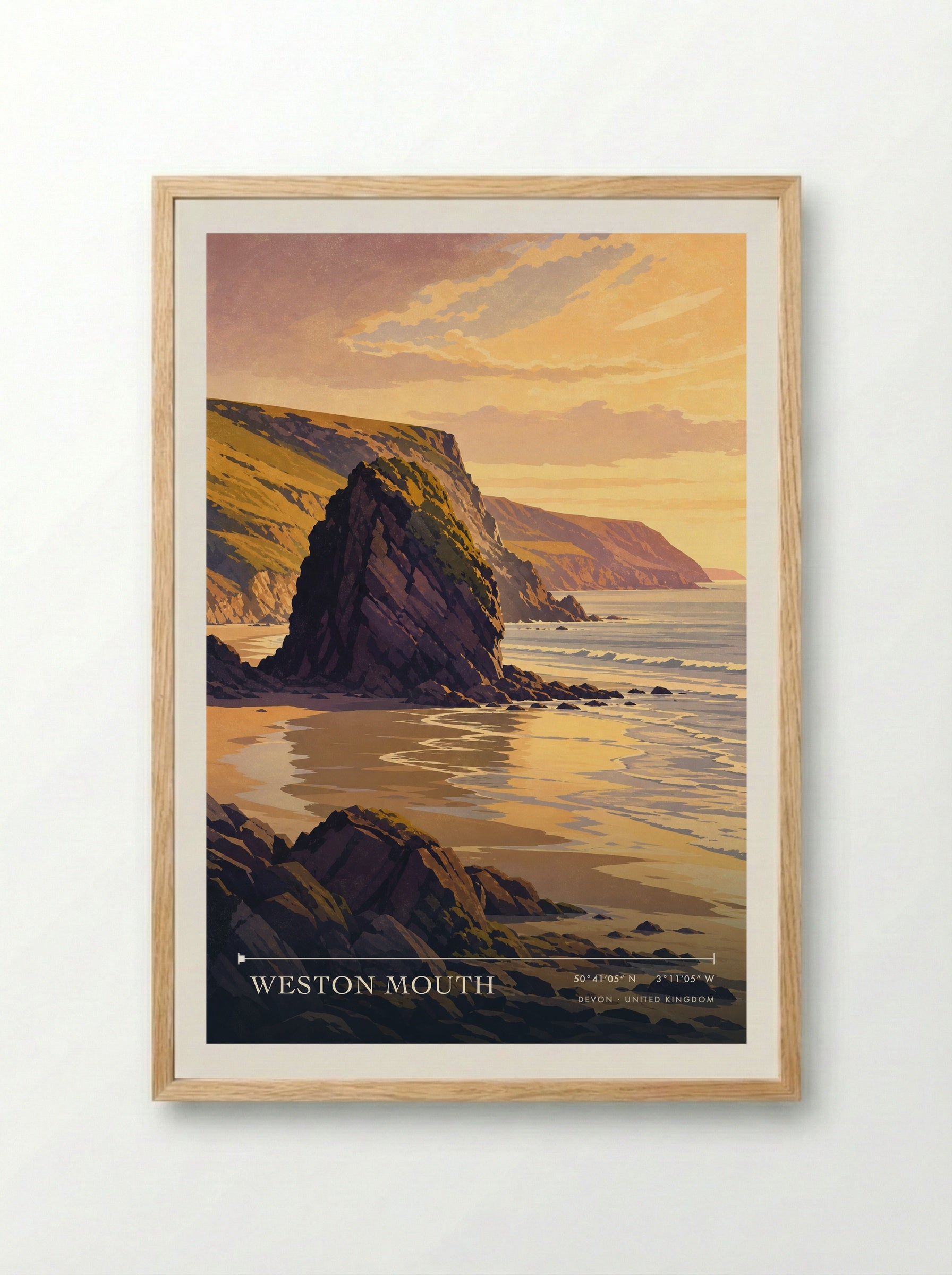 Weston Mouth Devon United Kingdom Travel Poster - Framed Print Wood