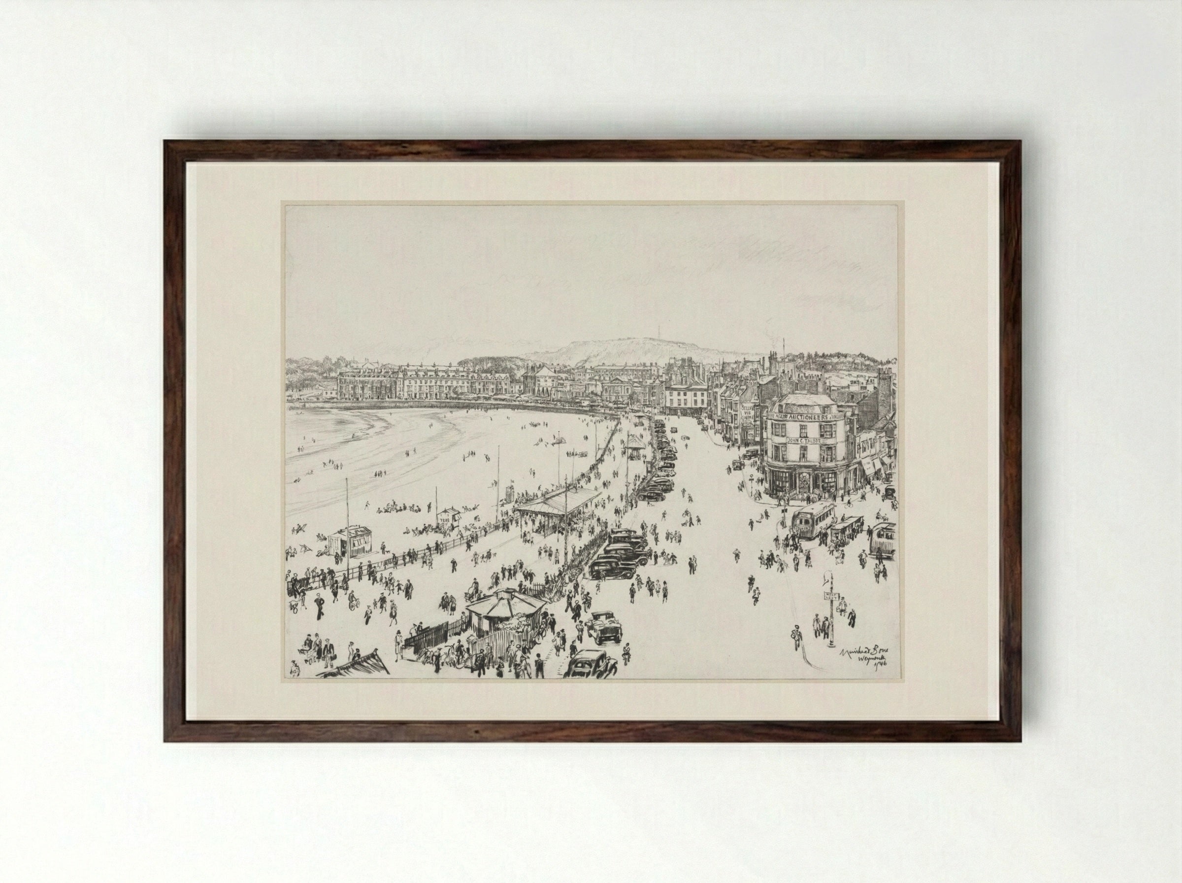 Weymouth and Distant Portland - Muirhead Bone - Framed Print Dark Wood
