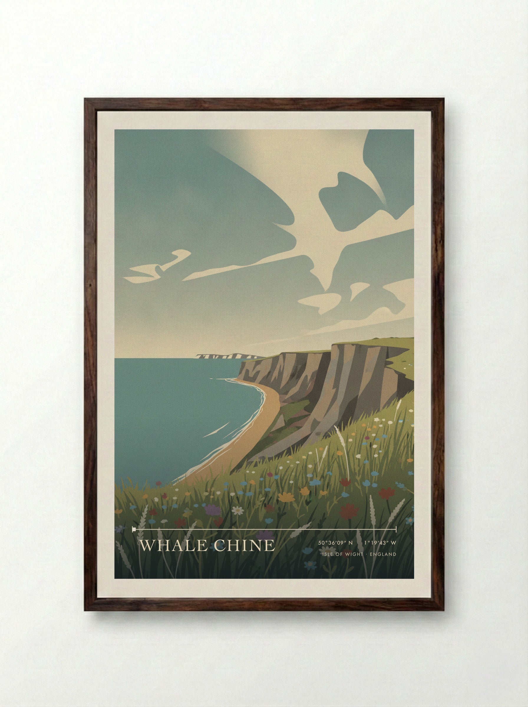 Whale Chine Isle of Wight England Travel Poster - Framed Print Dark Wood
