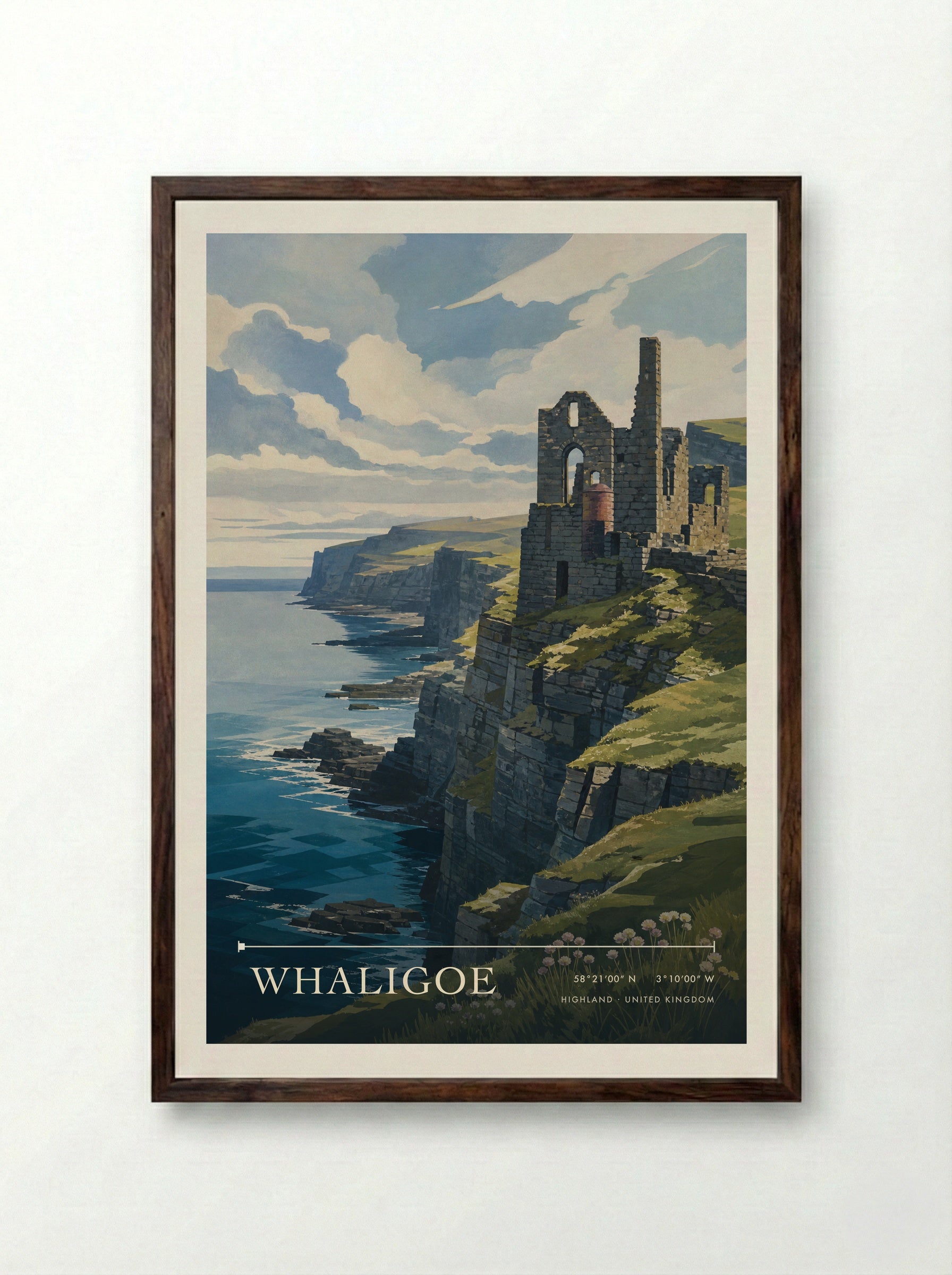 Whaligoe Highland United Kingdom Travel Poster - Framed Print Dark Wood