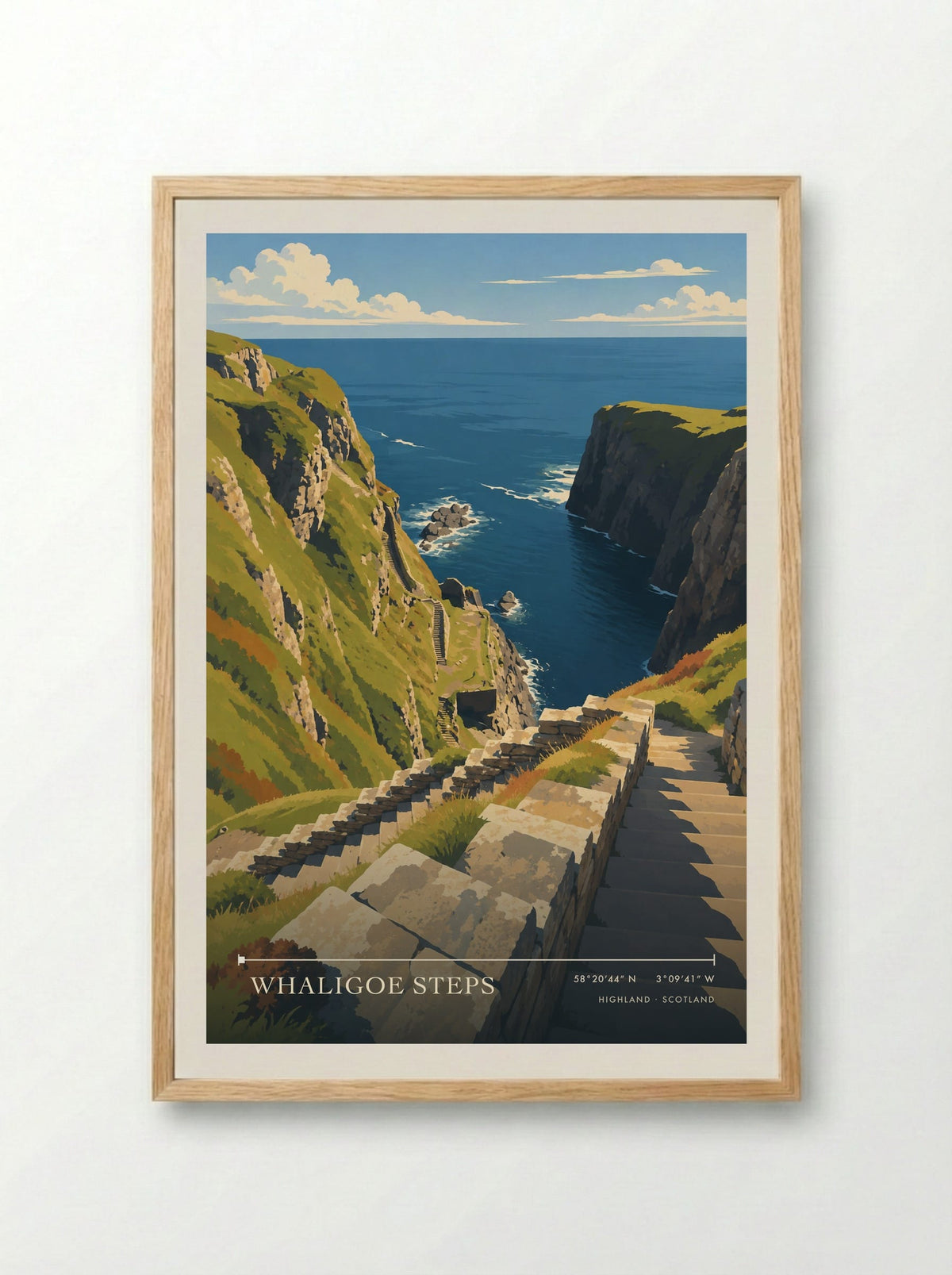 Whaligoe Steps, Highland | Travel Poster - Framed Print Wood