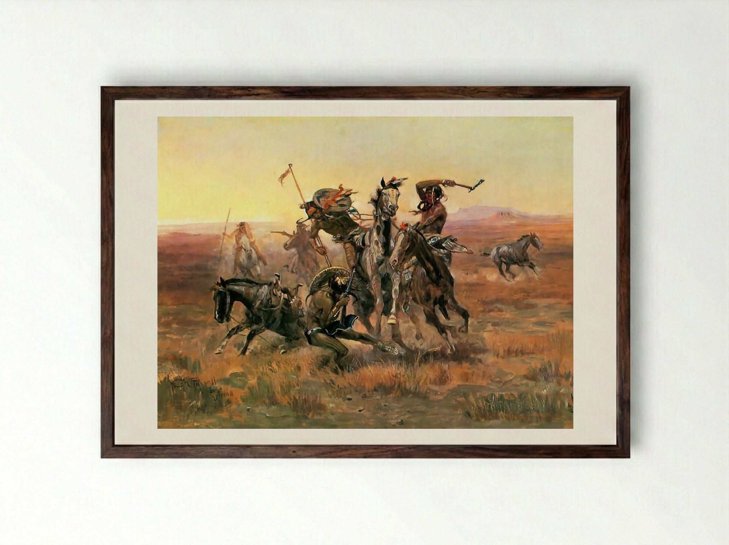 When Sioux and Blackfoot Meet - Charles M. Russell - Framed Print Dark Wood