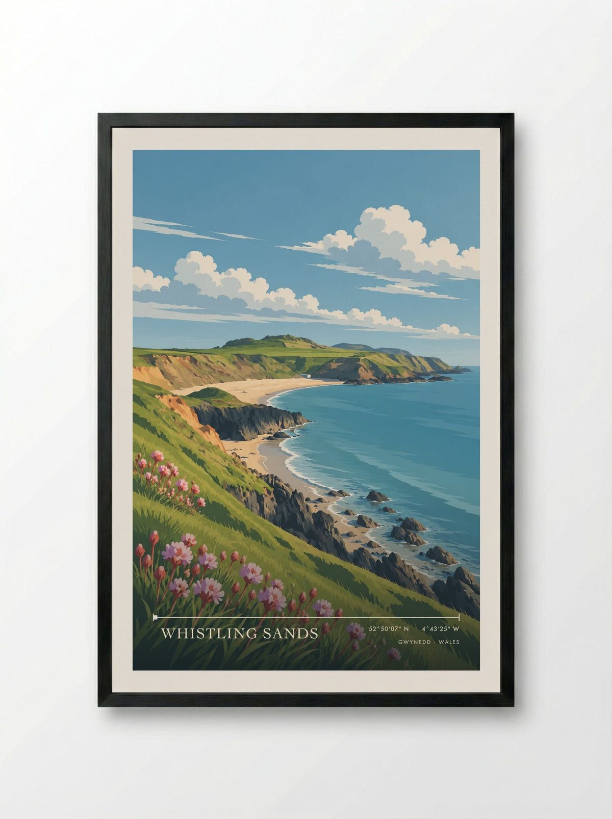 Whistling Sands, Gwynedd | Travel Poster - Framed Print Black
