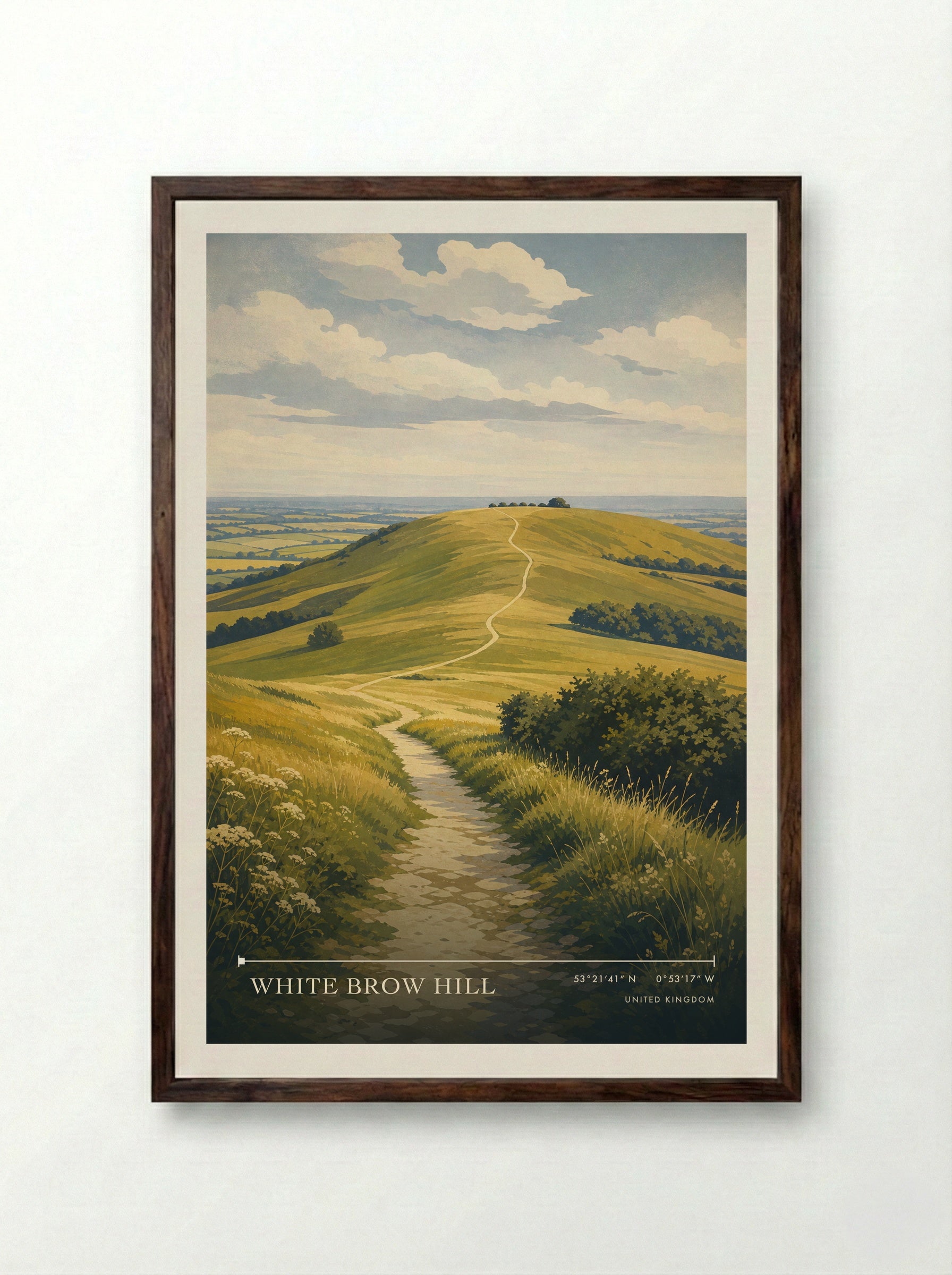White Brow Hill United Kingdom Travel Poster - Framed Print Dark Wood