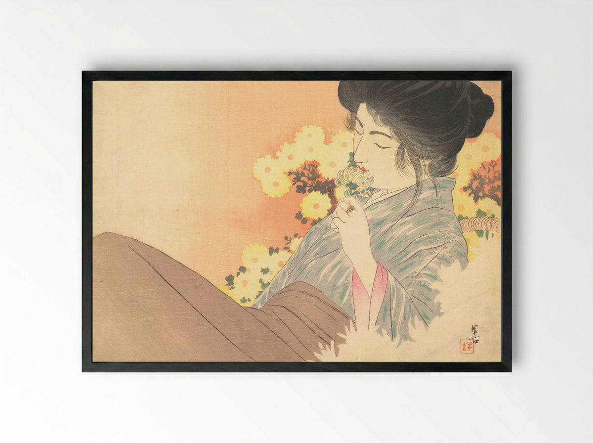 White Chrysanthemums (Kiku no Kaori) - Kajita Hanko - Framed Print Black