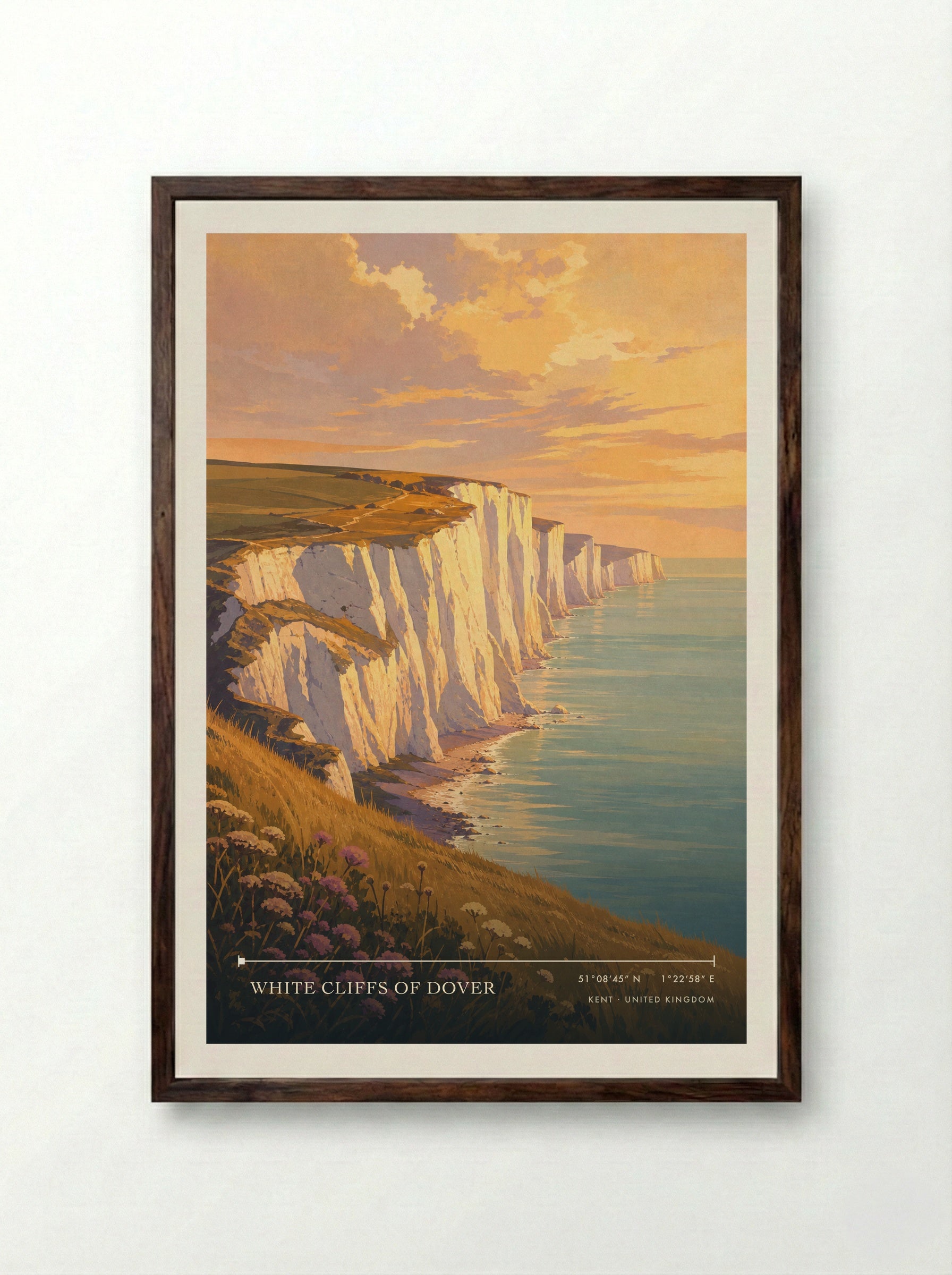 White Cliffs of Dover Kent United Kingdom Travel Poster - Framed Print Dark Wood