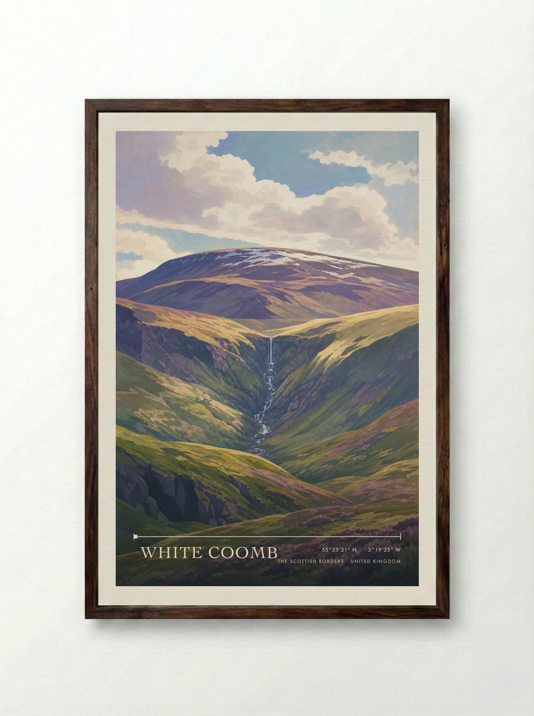 White Coomb The Scottish Borders United Kingdom Travel Poster - Framed Print Dark Wood