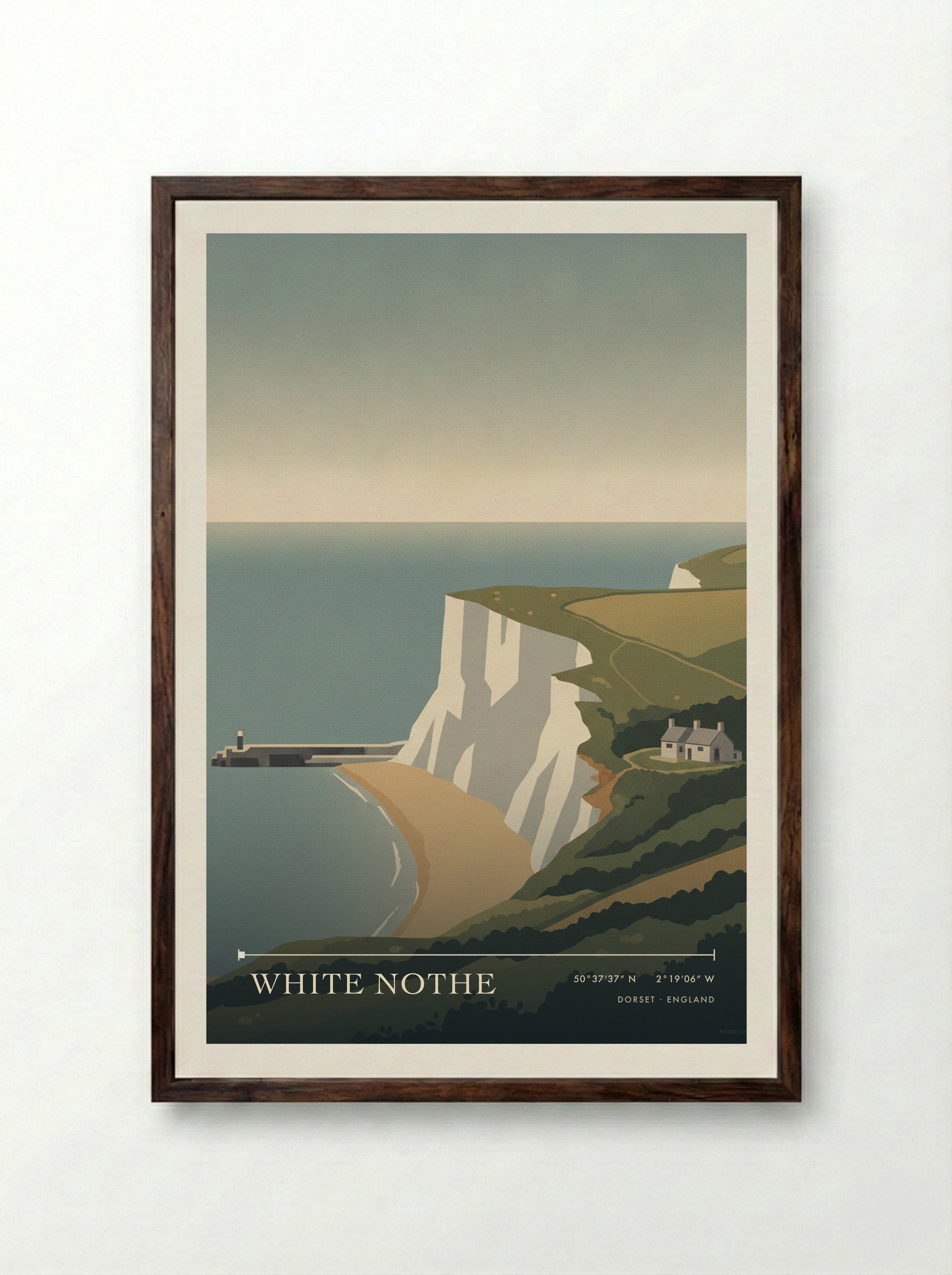 White Nothe Dorset England Travel Poster - Framed Print Dark Wood