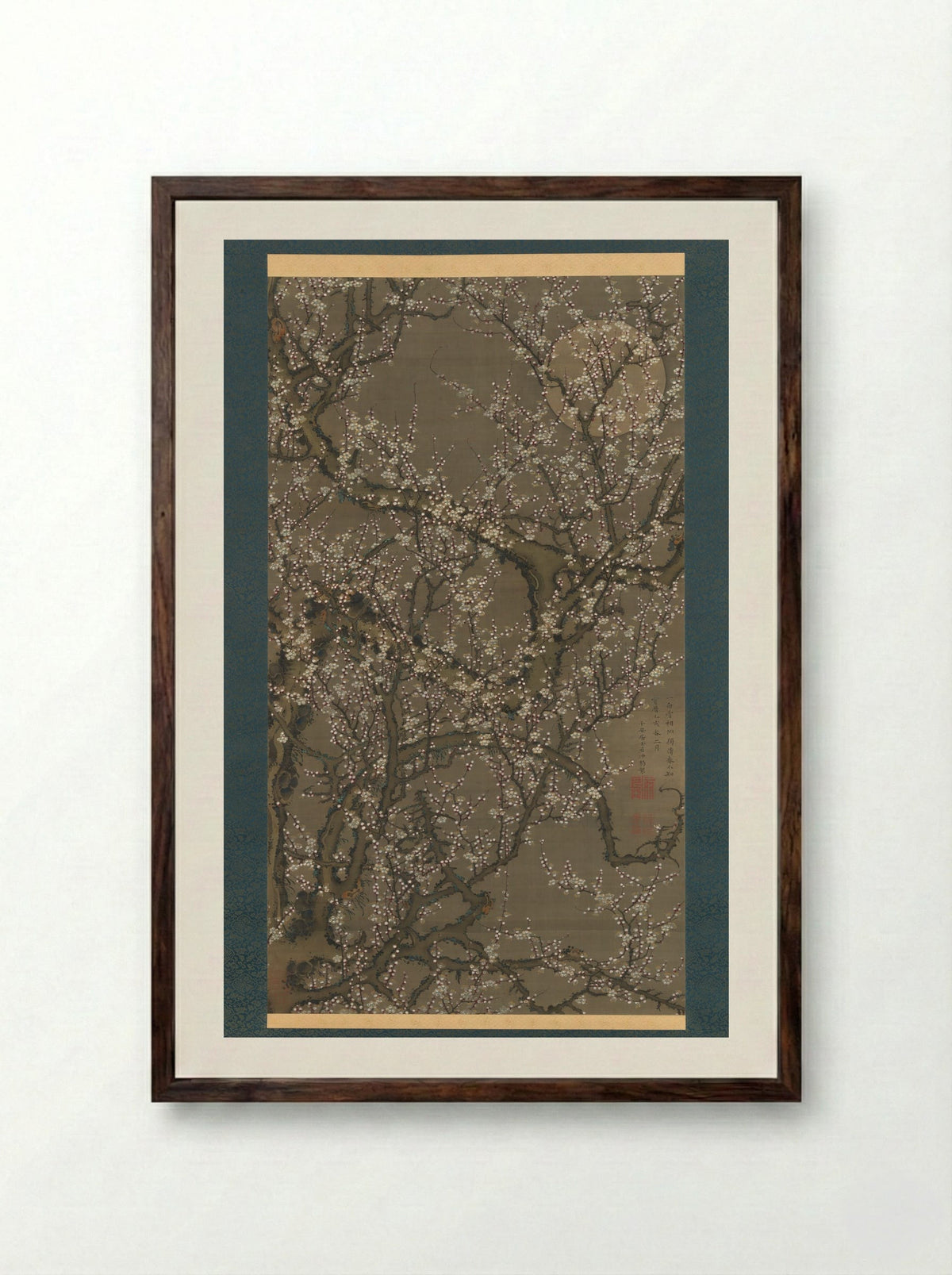 White Plum Blossoms and Moon - Itō Jakuchū - Framed Print Dark Wood