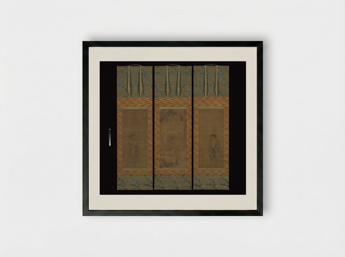 White-Robed Guanyin (Triptych Hanging Scroll) - Fine Art Print - Framed Print Black