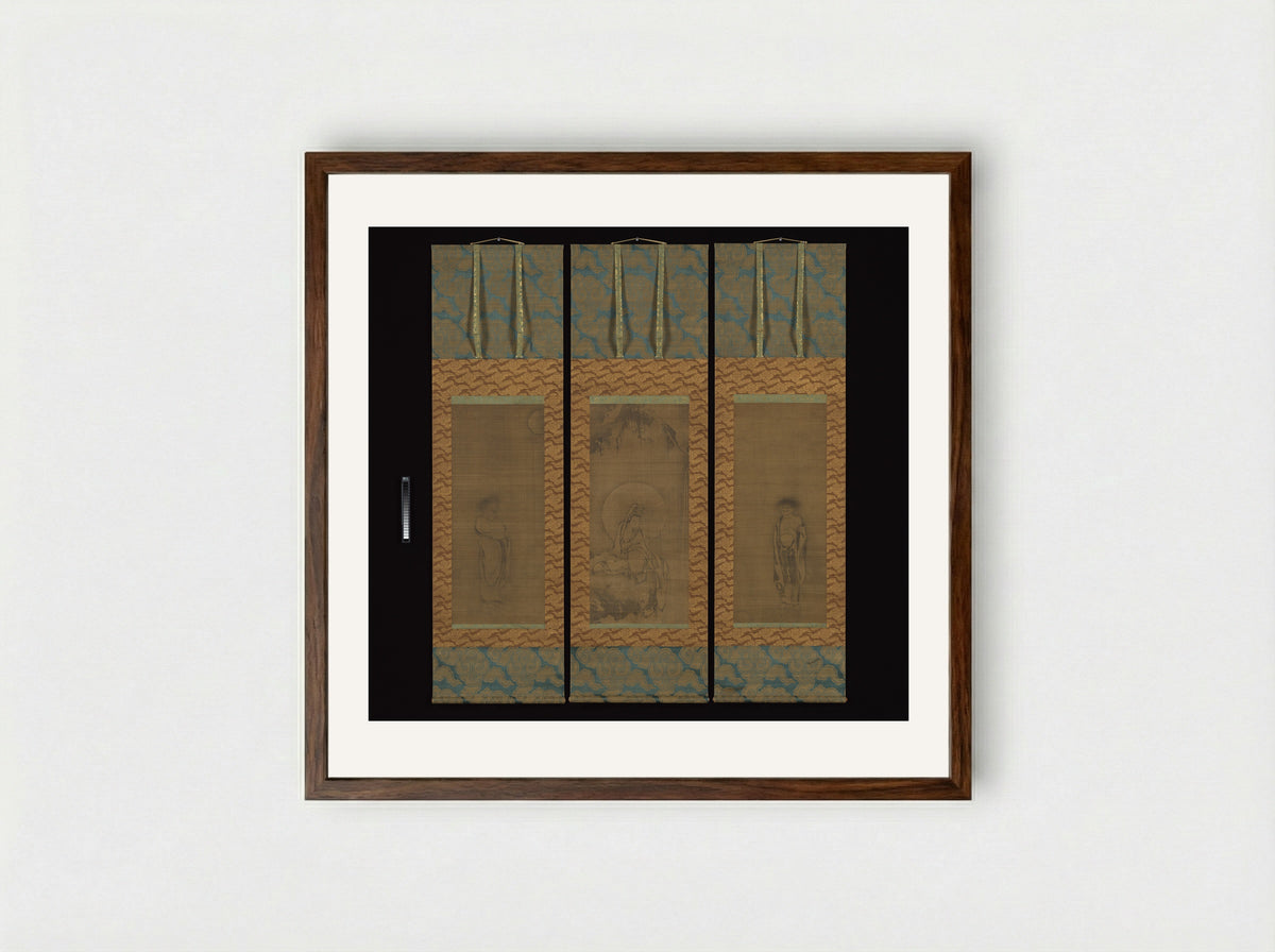 White-Robed Guanyin (Triptych Hanging Scroll) - Fine Art Print - Framed Print Dark Wood