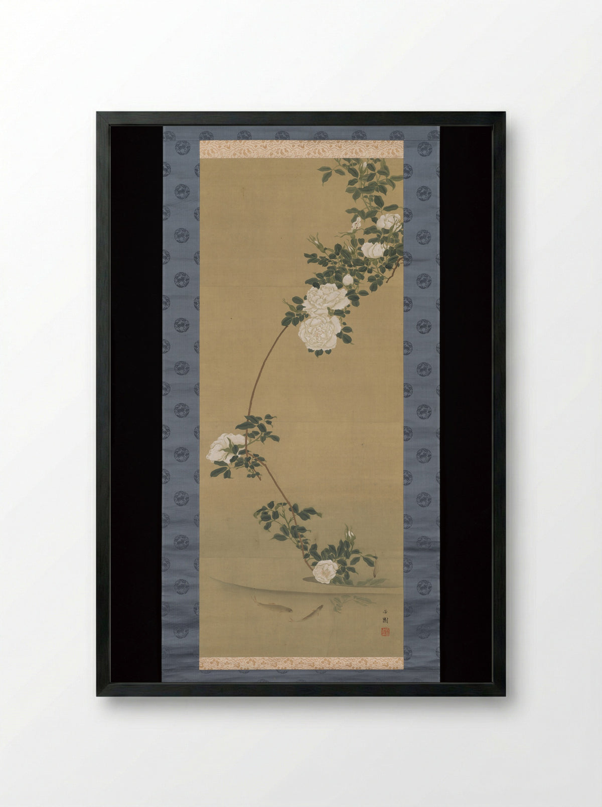 White Roses and Fish in Stream - Nishiyama Hōen - Framed Print Black