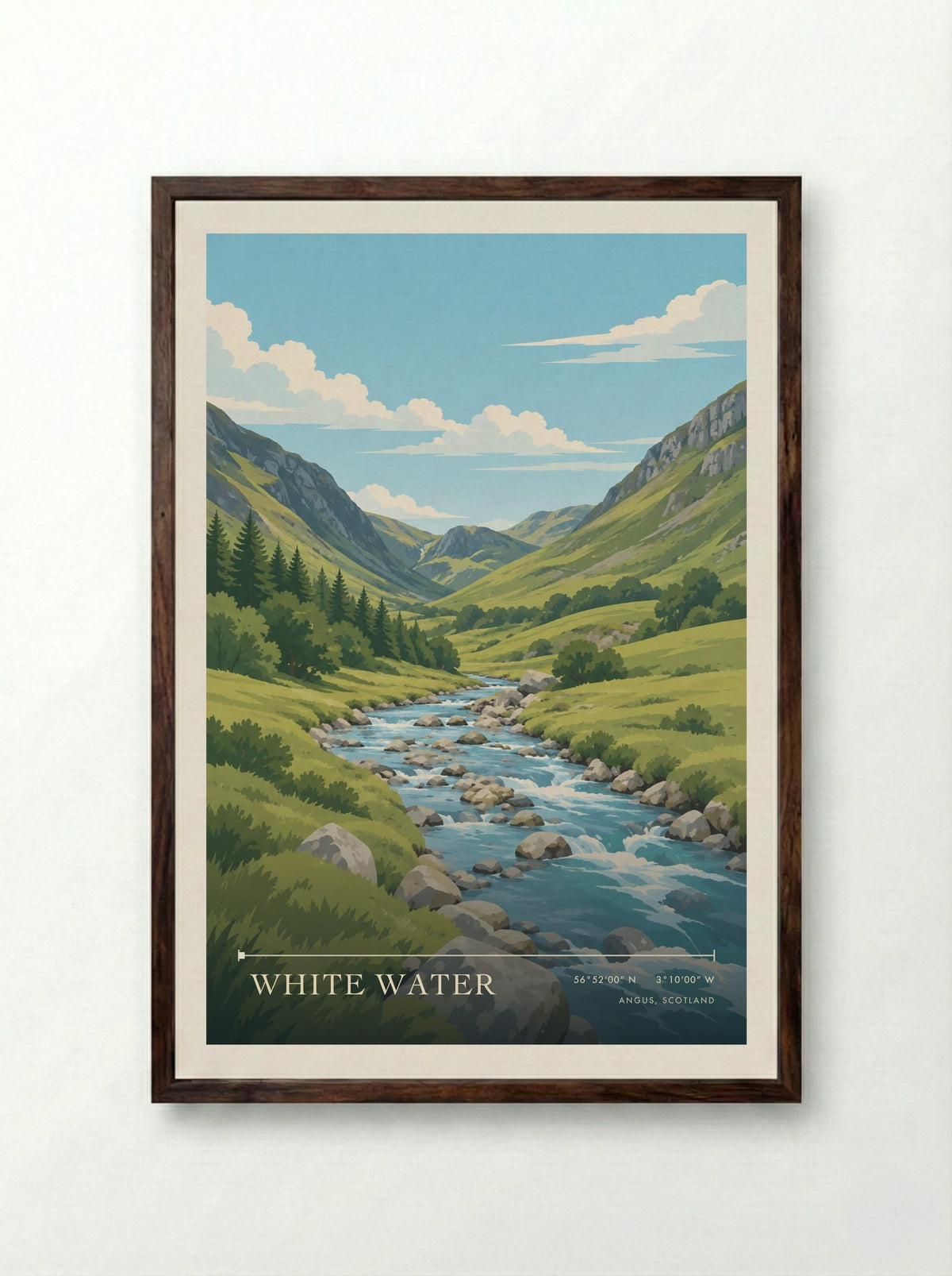 White Water, Angus, Scotland | Travel Poster - Framed Print Dark Wood