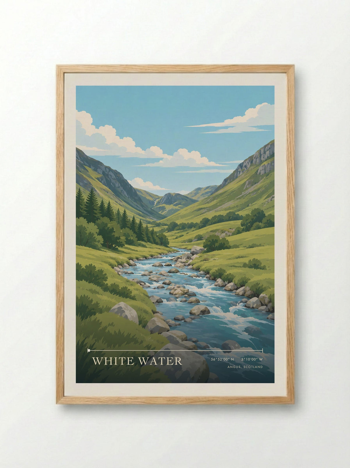 White Water, Angus, Scotland | Travel Poster - Framed Print Wood