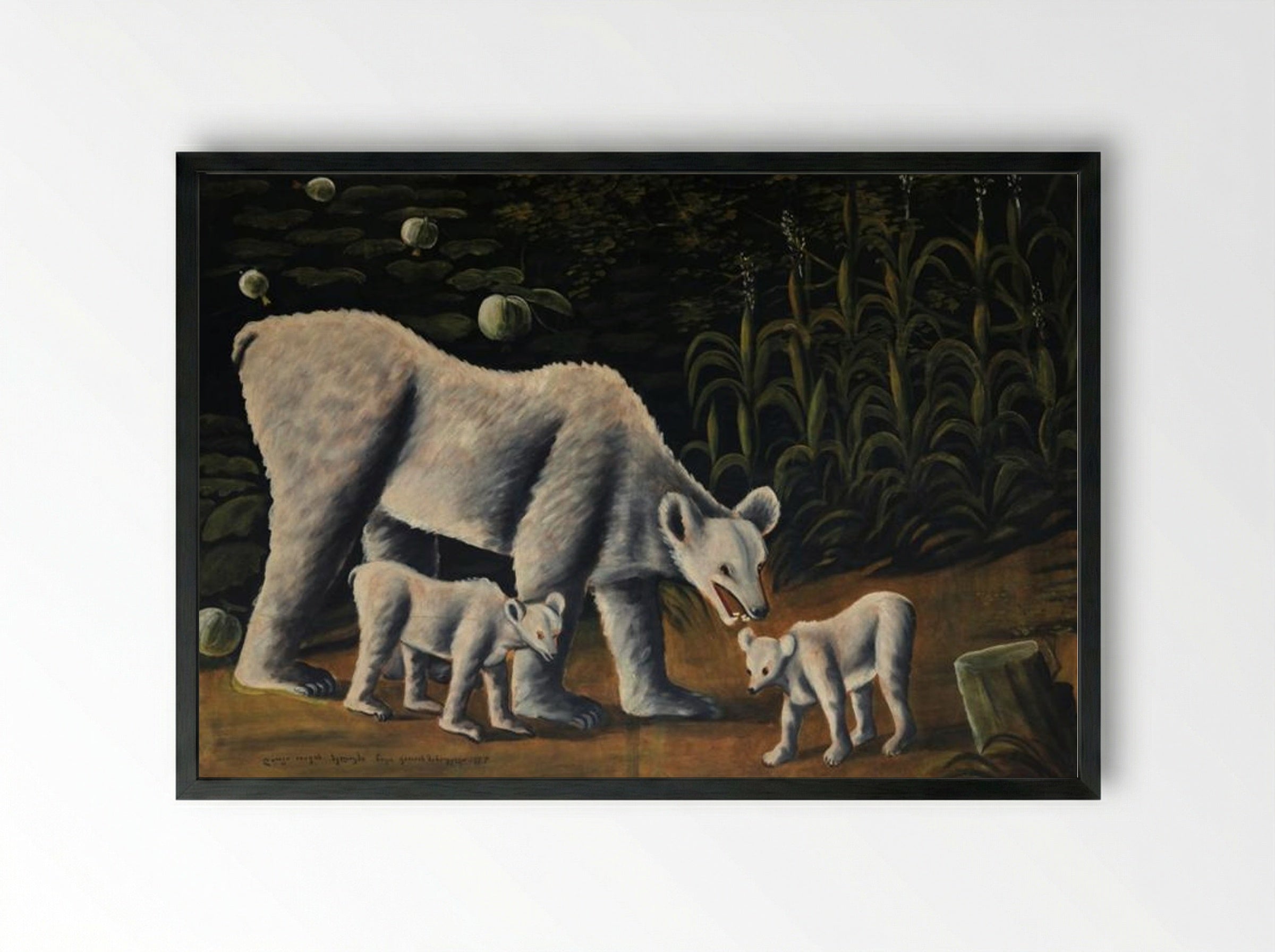 White bear with her cubs (in cornfield) - Niko Pirosmani - Framed Print Black
