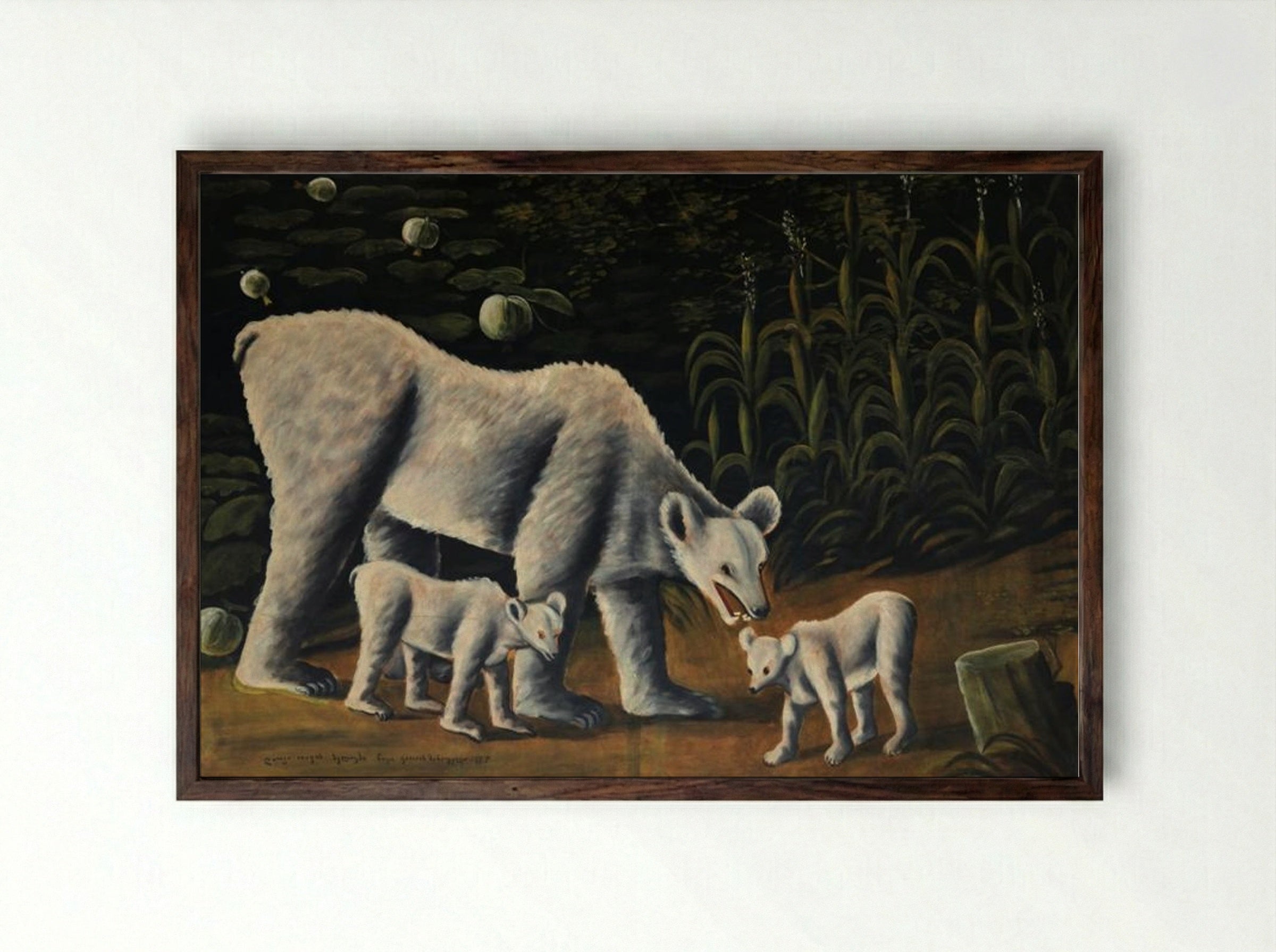 White bear with her cubs (in cornfield) - Niko Pirosmani - Framed Print Dark Wood