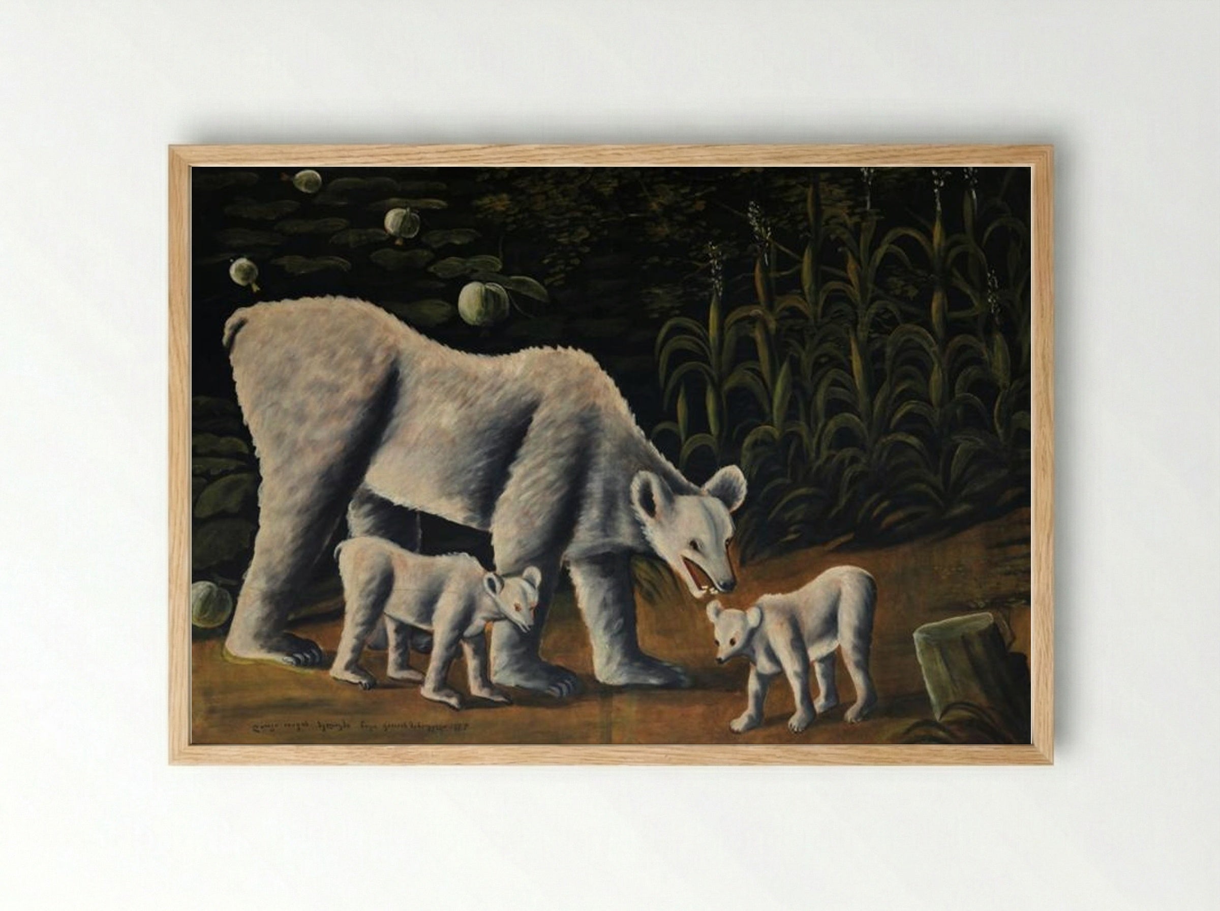 White bear with her cubs (in cornfield) - Niko Pirosmani - Framed Print Wood