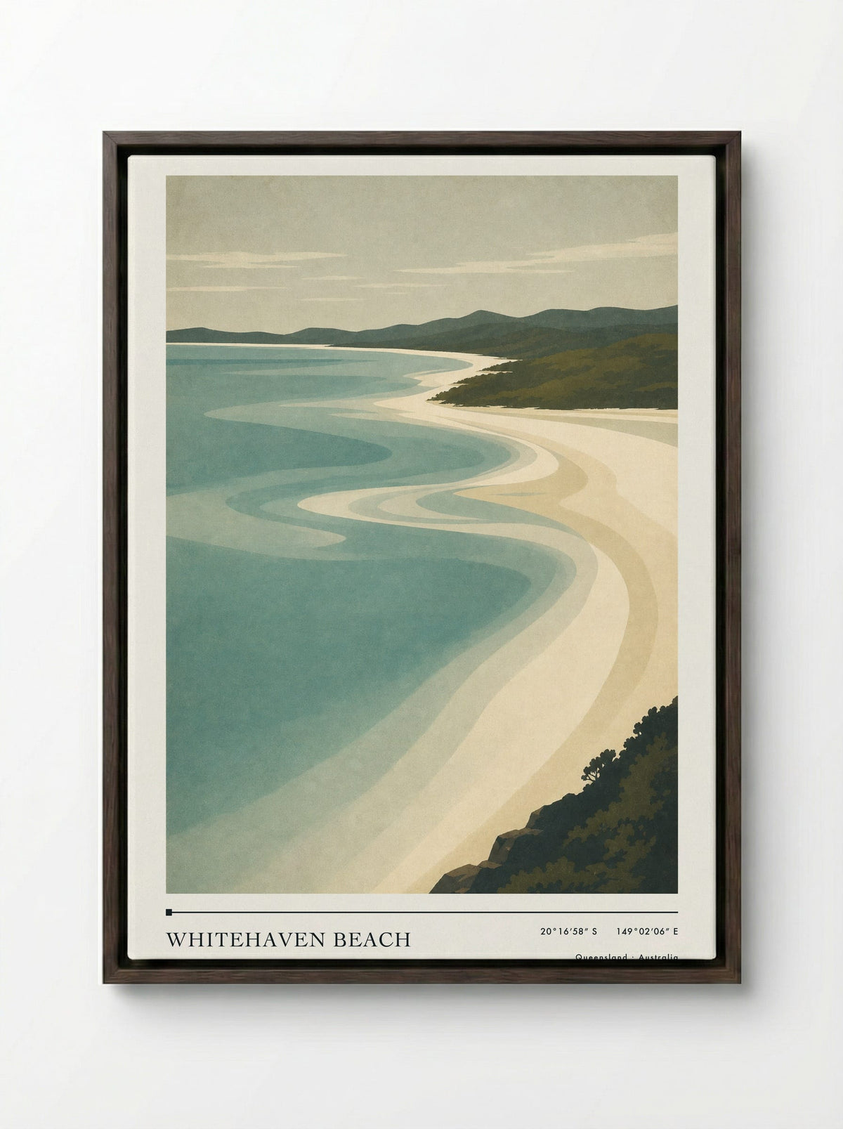 Whitehaven Beach Travel Poster Artwork - Framed Canvas Dark Wood