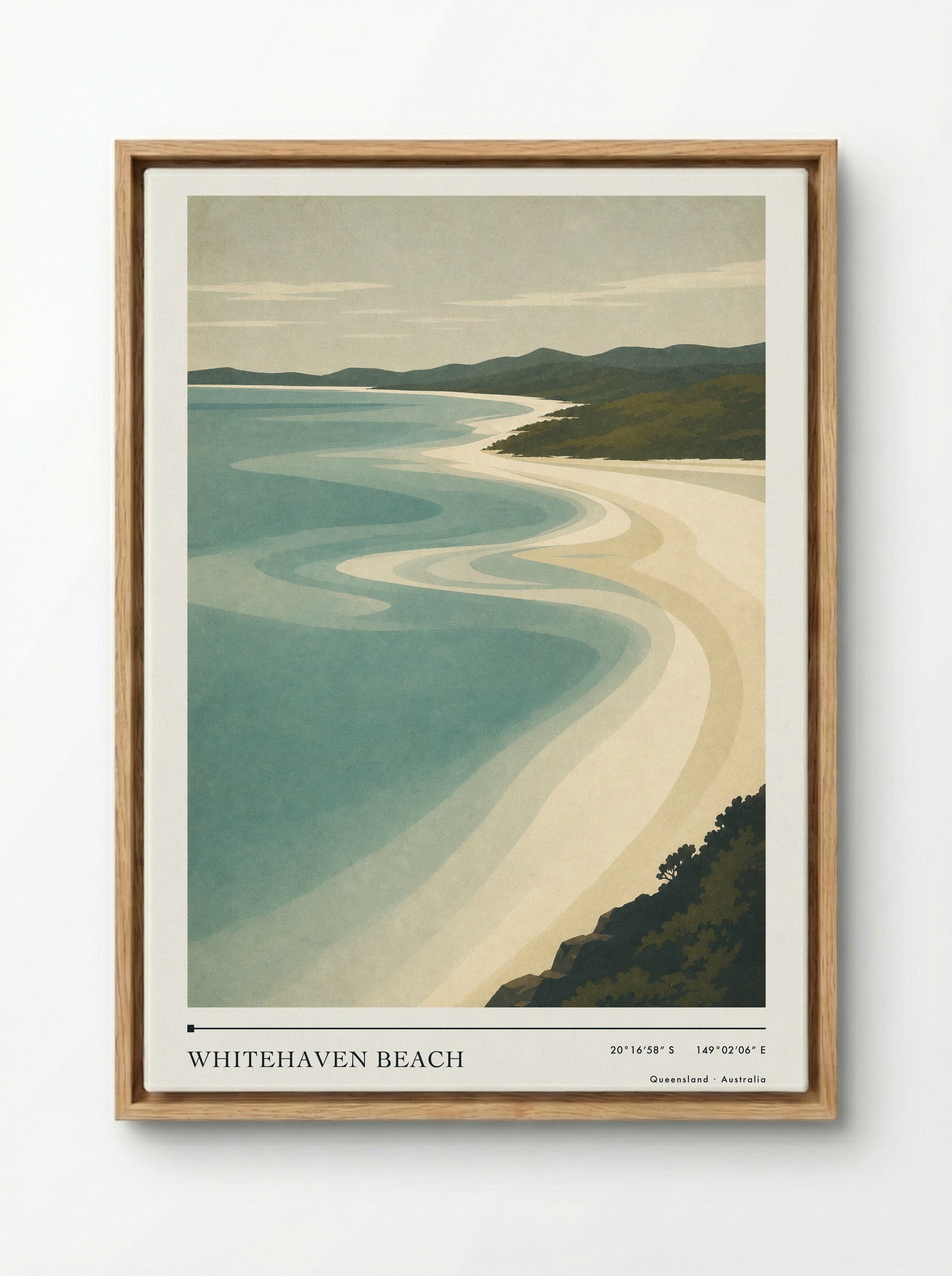 Whitehaven Beach Travel Poster Artwork - Framed Canvas Wood