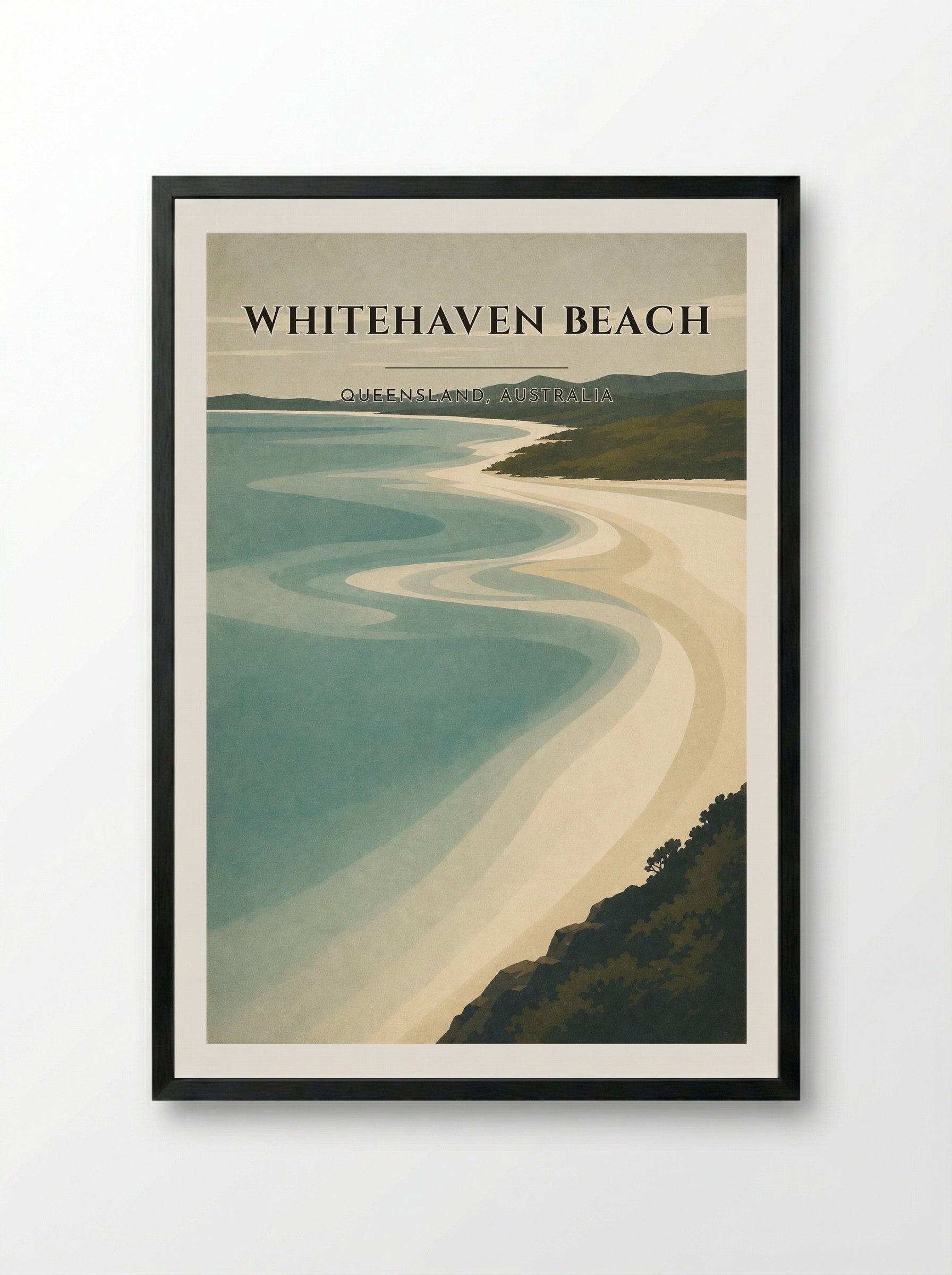 Whitehaven Beach Travel Poster Artwork - Framed Print Black
