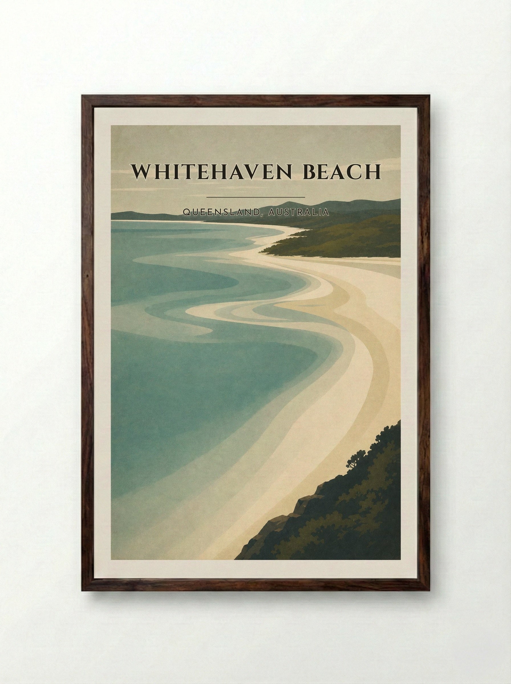 Whitehaven Beach Travel Poster Artwork - Framed Print Dark Wood